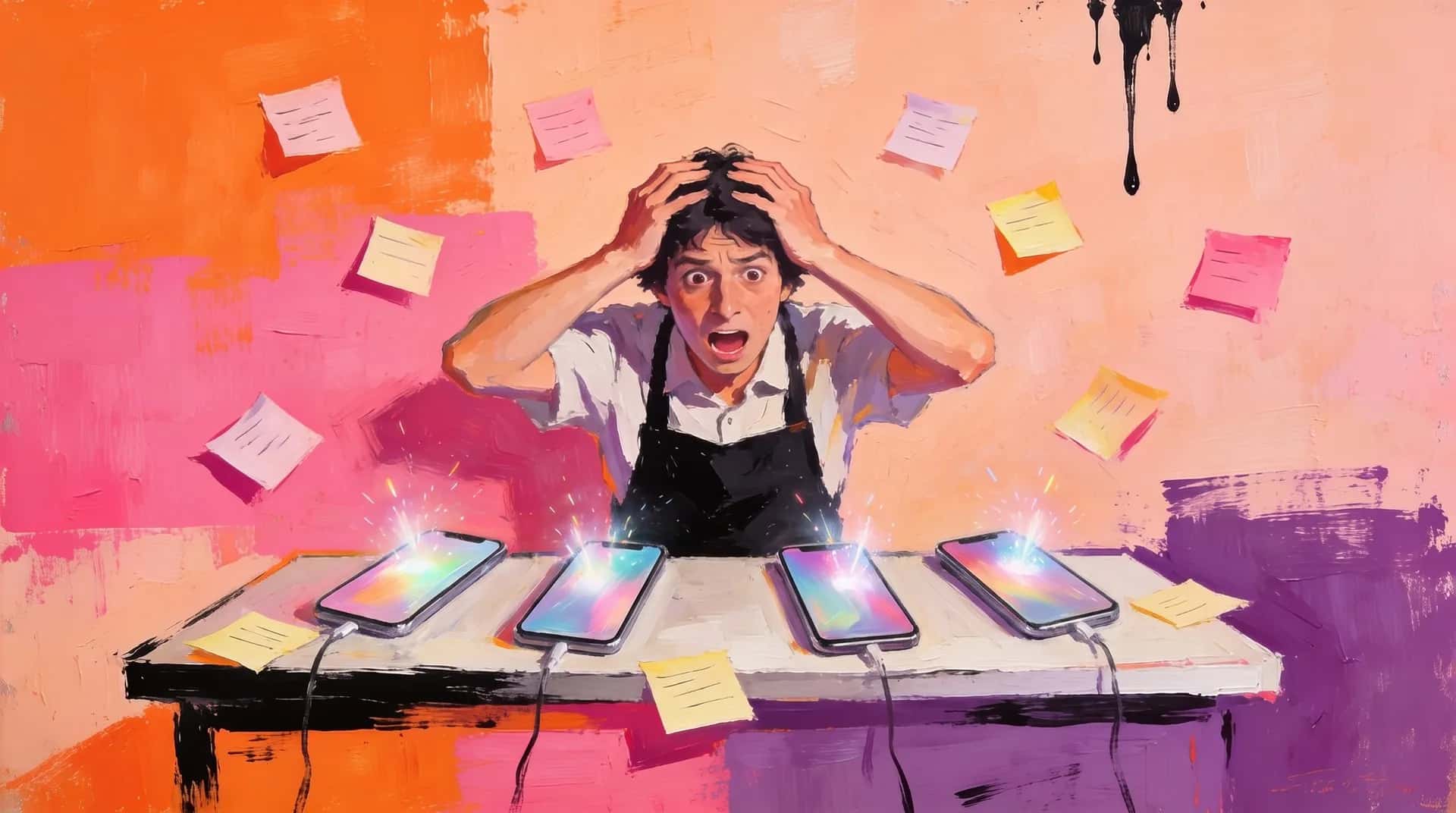 Colorful painting: an aproned shop assistant clutches his head in front of four phones lighting up at once, surrounded by sticky notes