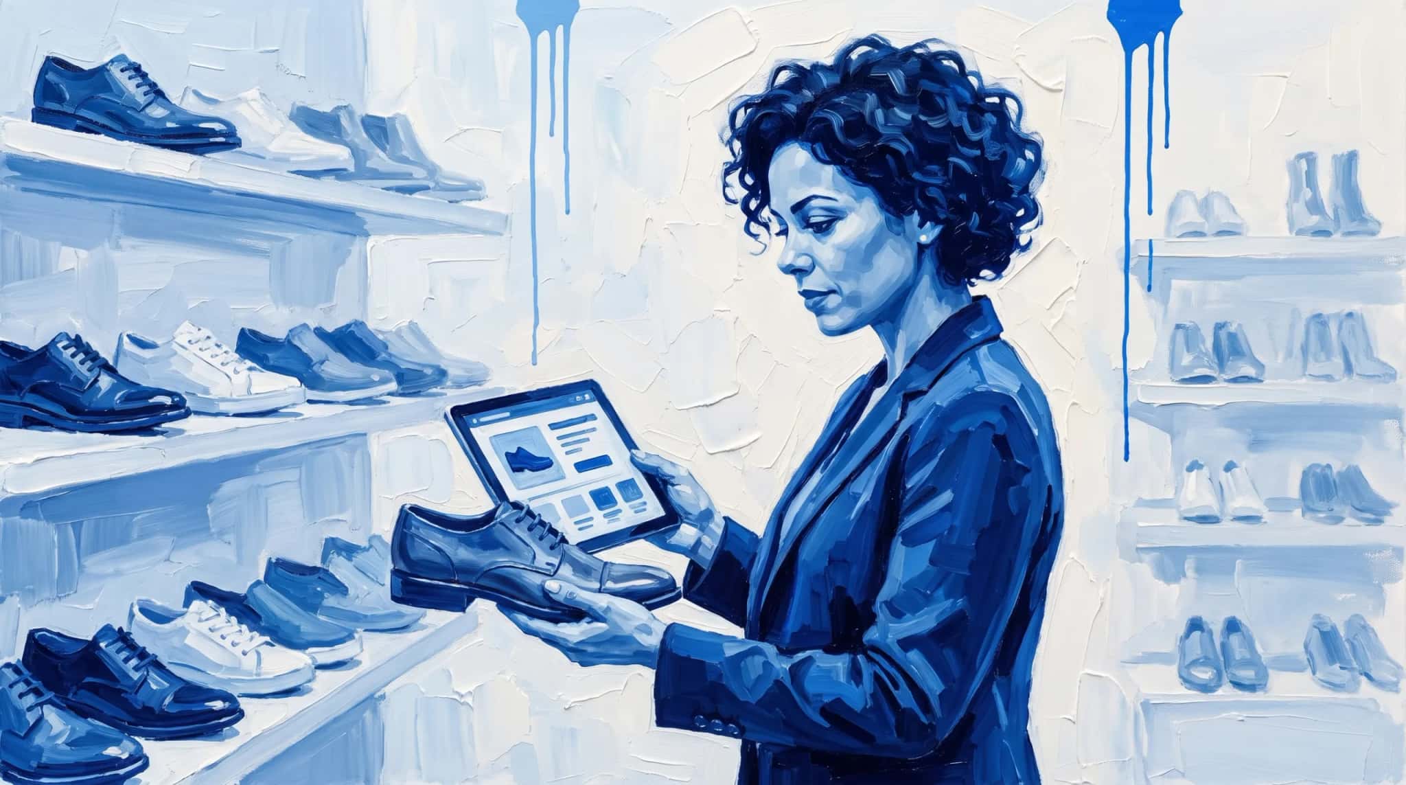 Oil painting in blue: the manager of a shoe store holds a shoe and checks the product on a tablet, between shelves