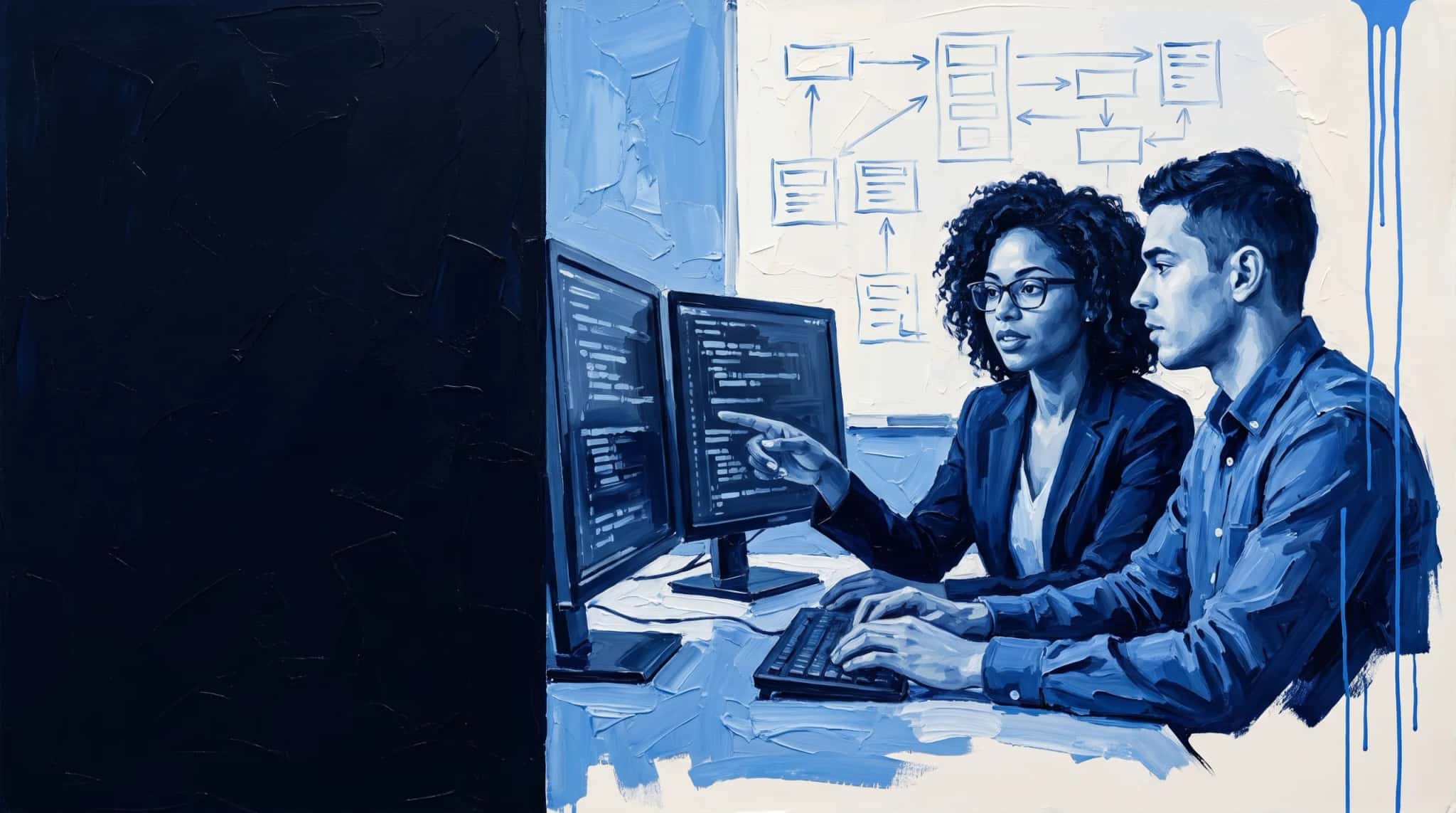 Blue oil painting: two software engineers pair-program in front of two monitors, with a diagram board in the background