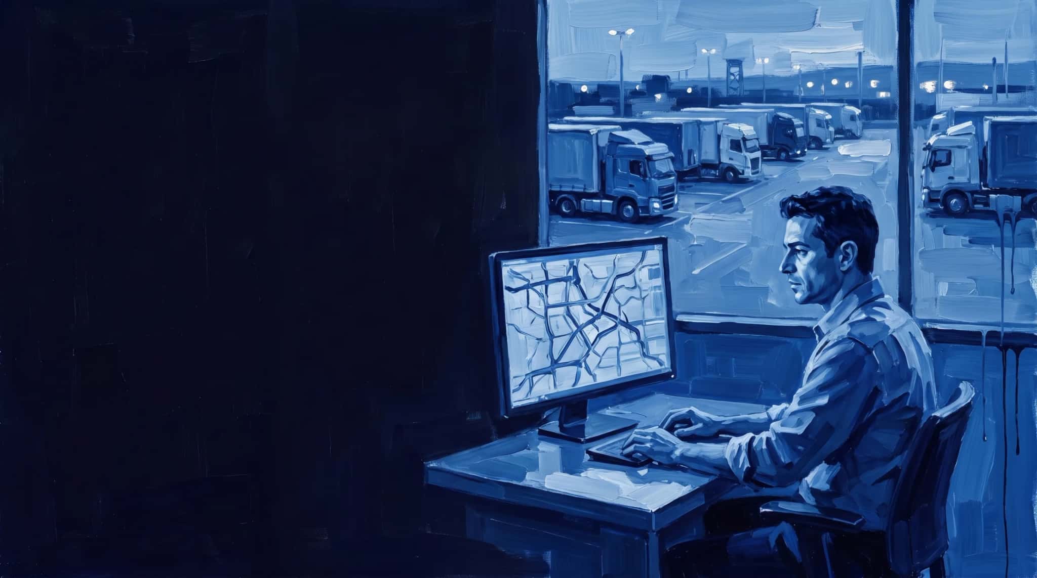 Oil painting in blue: a transportation planner at a dispatch desk with a route map, trucks in the yard visible through the window