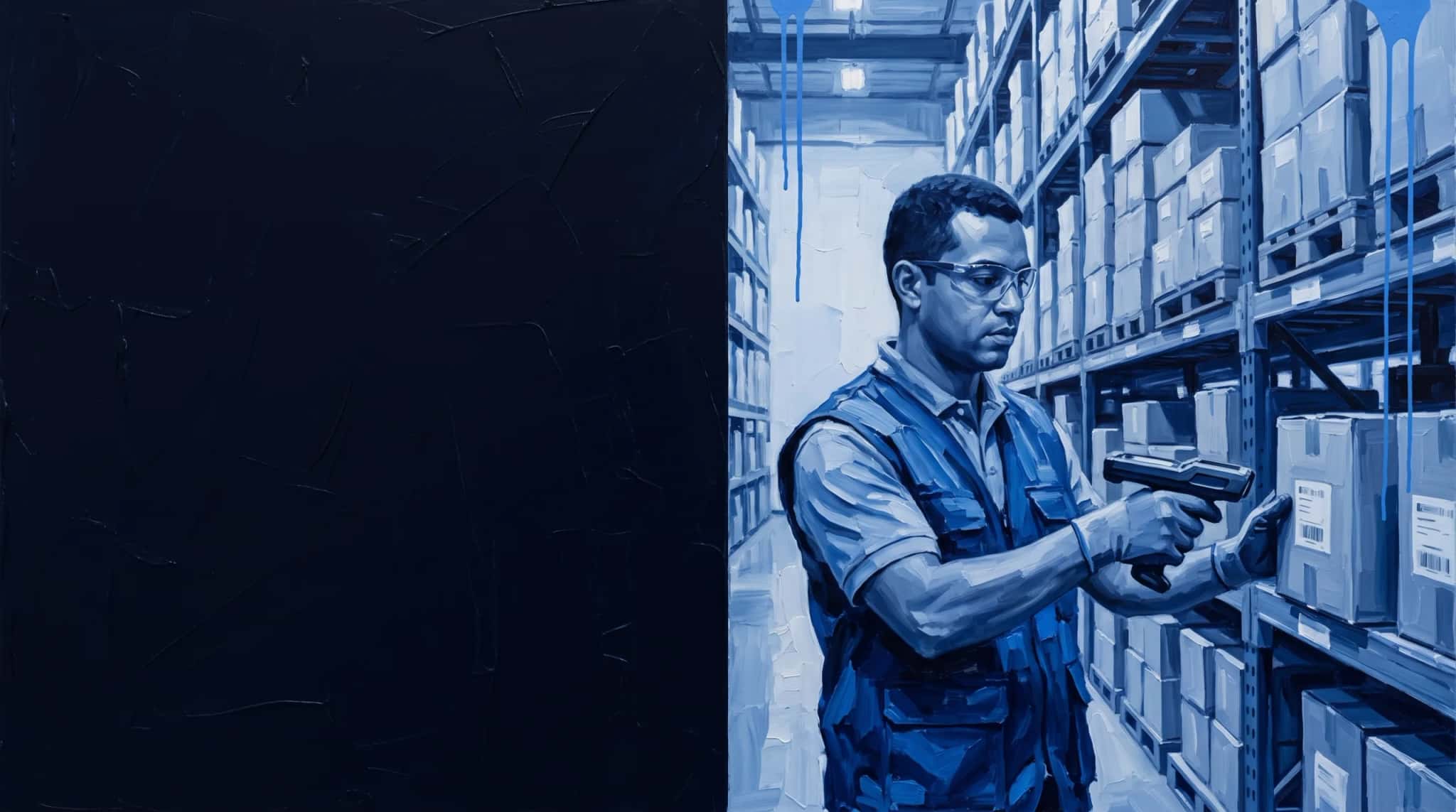 Oil painting in blue: a warehouse operator scans a box between inventory shelves