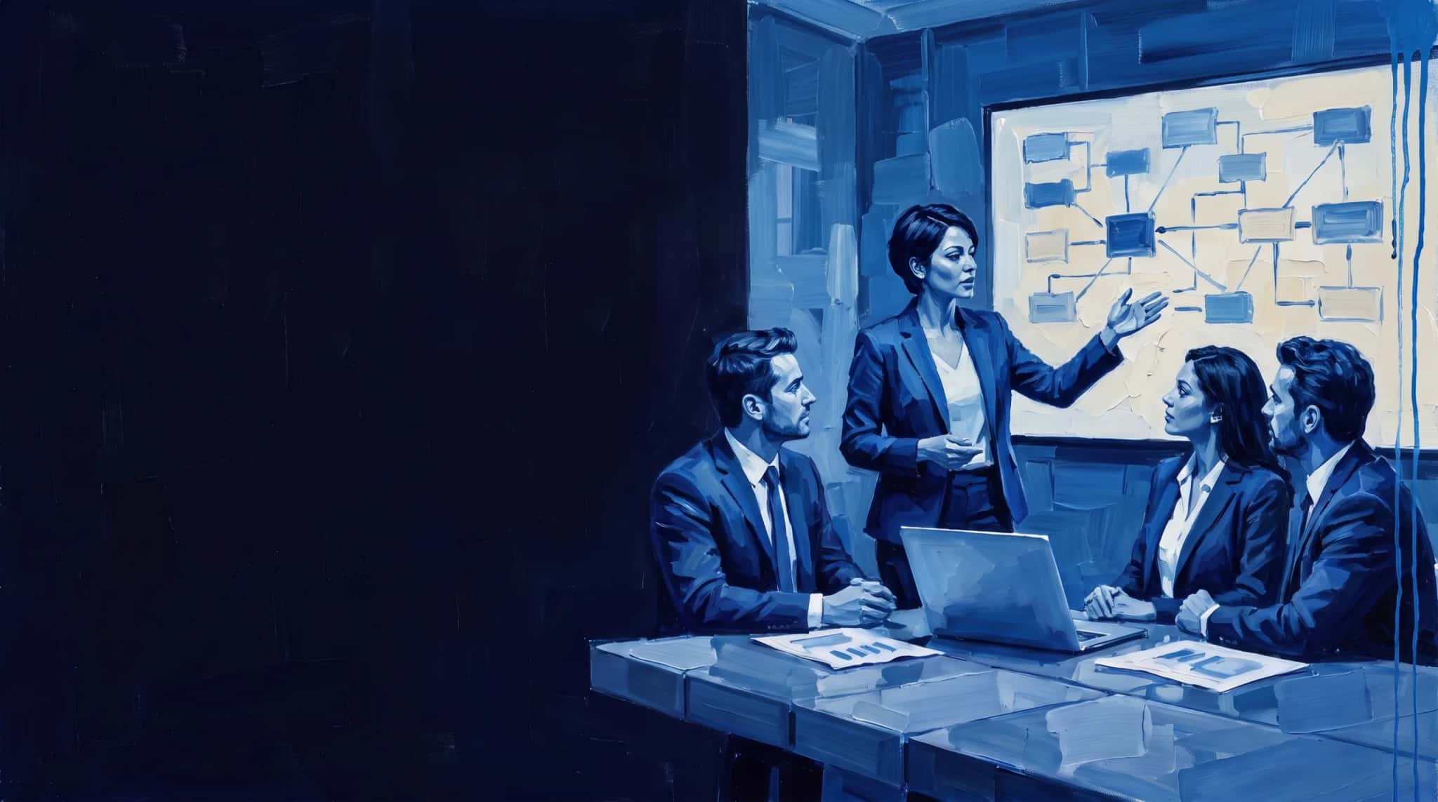 Blue oil painting: a solutions architect leads a technical presentation in front of a screen showing a diagram of connected blocks