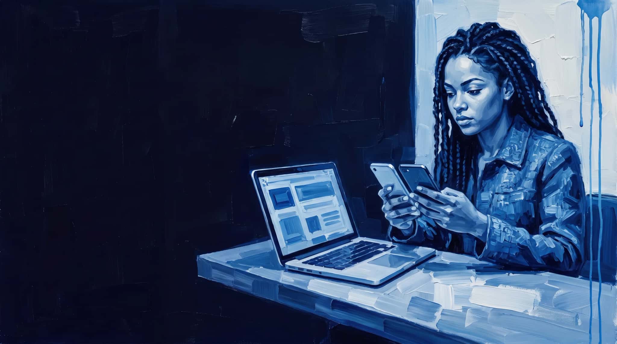 Oil painting in blue: a developer tests an app on two phones next to an open laptop