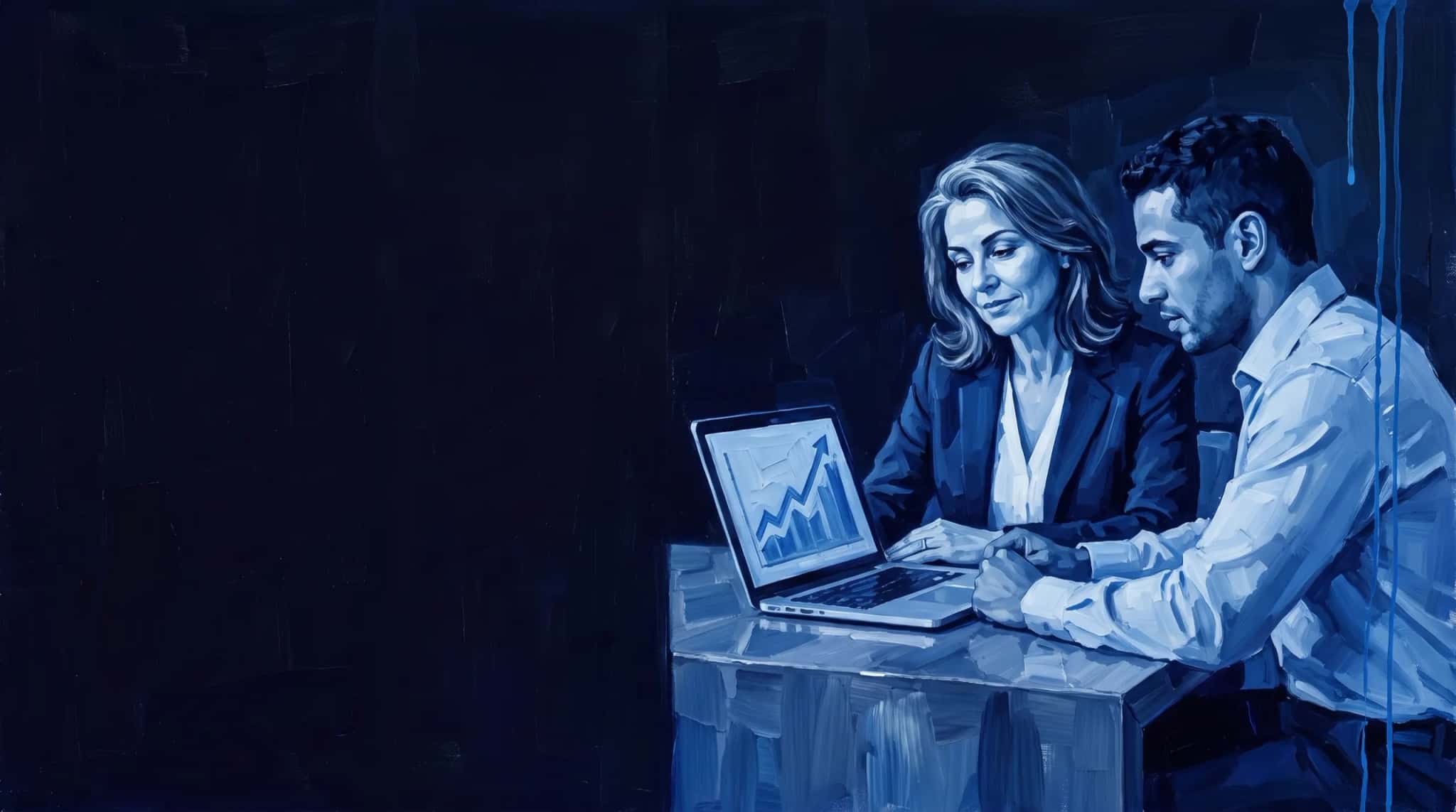 Oil painting in blue: an executive and an engineer review a results chart on a laptop