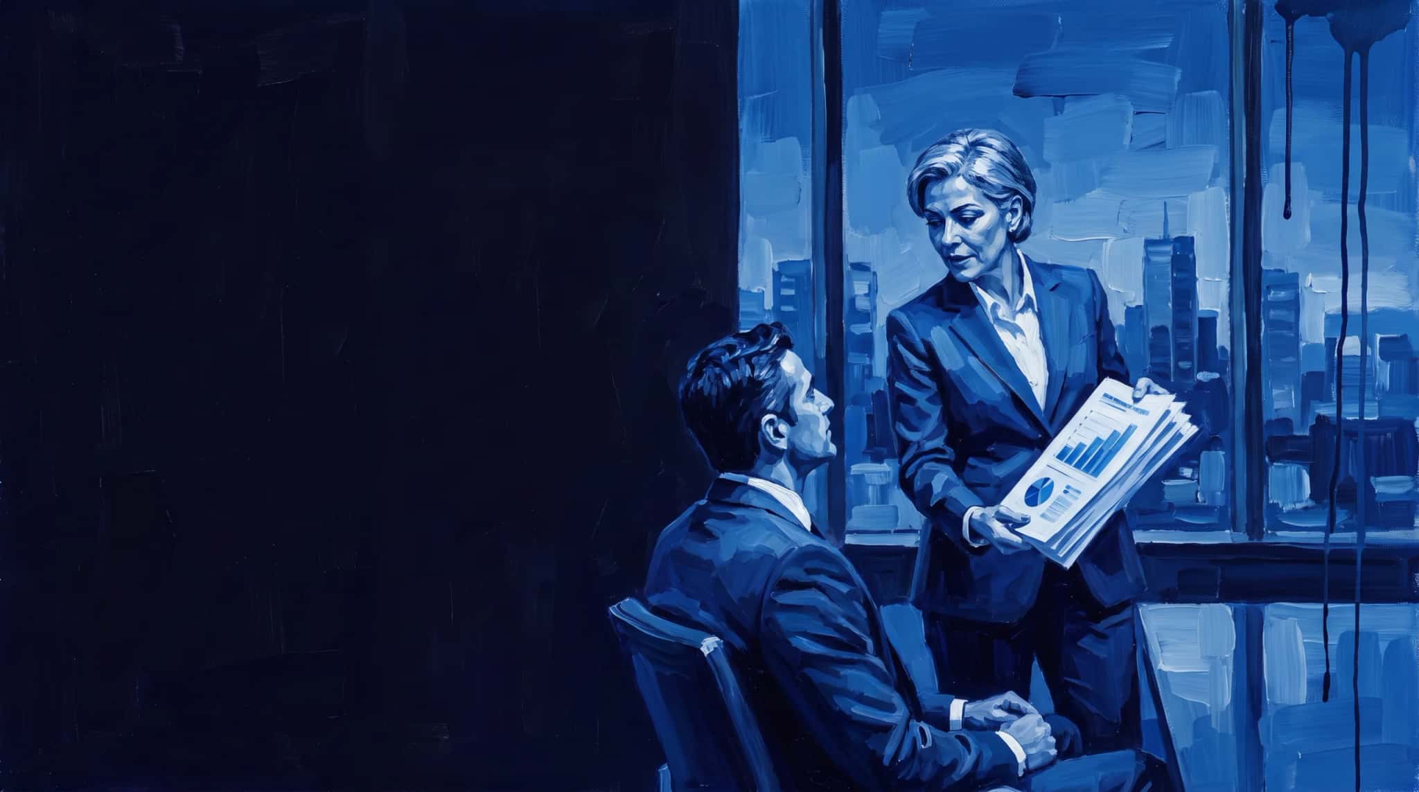 Oil painting in blue: a gray-haired senior consultant presents a report with charts to a CEO in a high-rise room overlooking the city at dusk