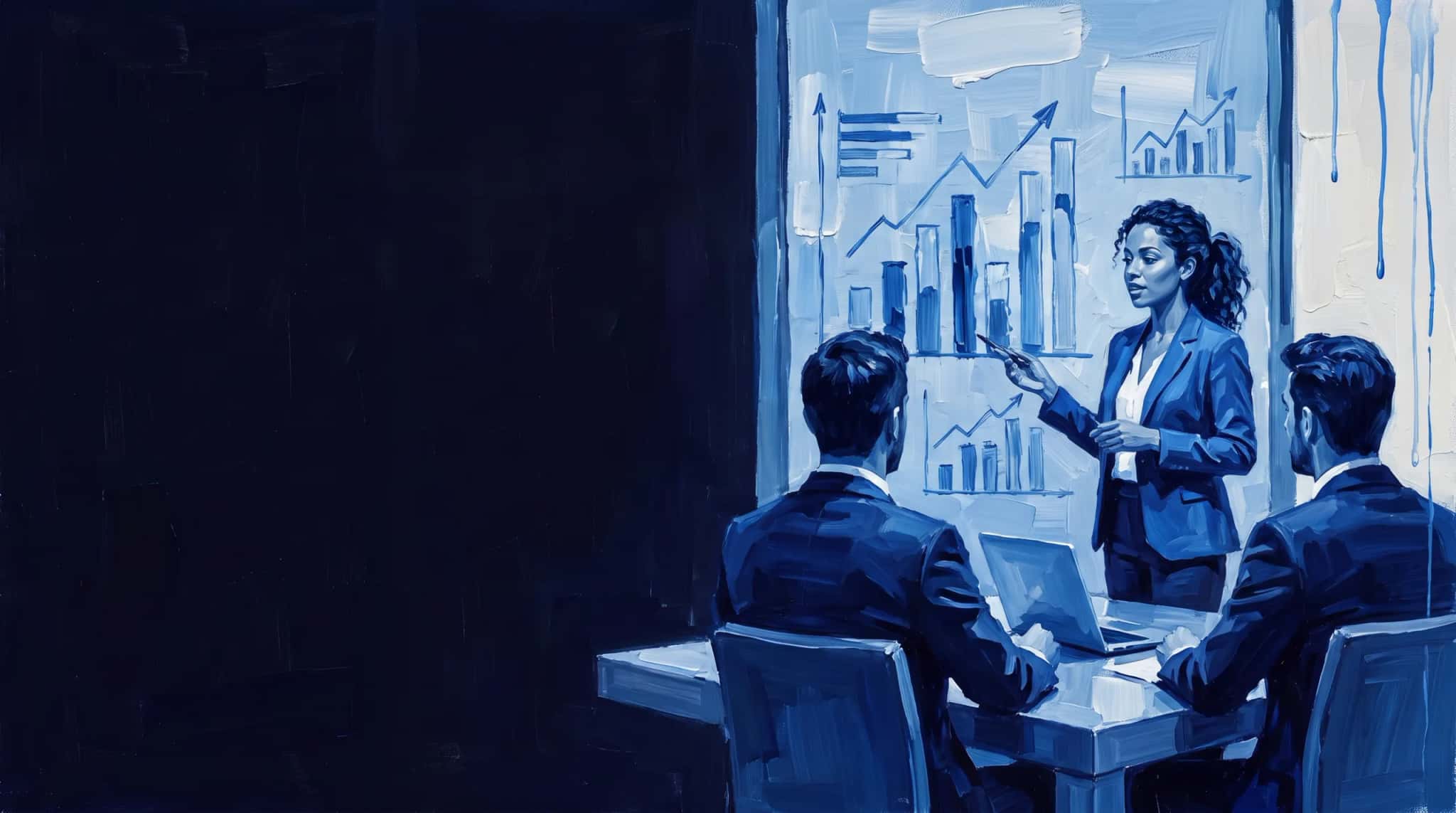Oil painting in blue: a data analyst presents charts on a glass wall to two executives
