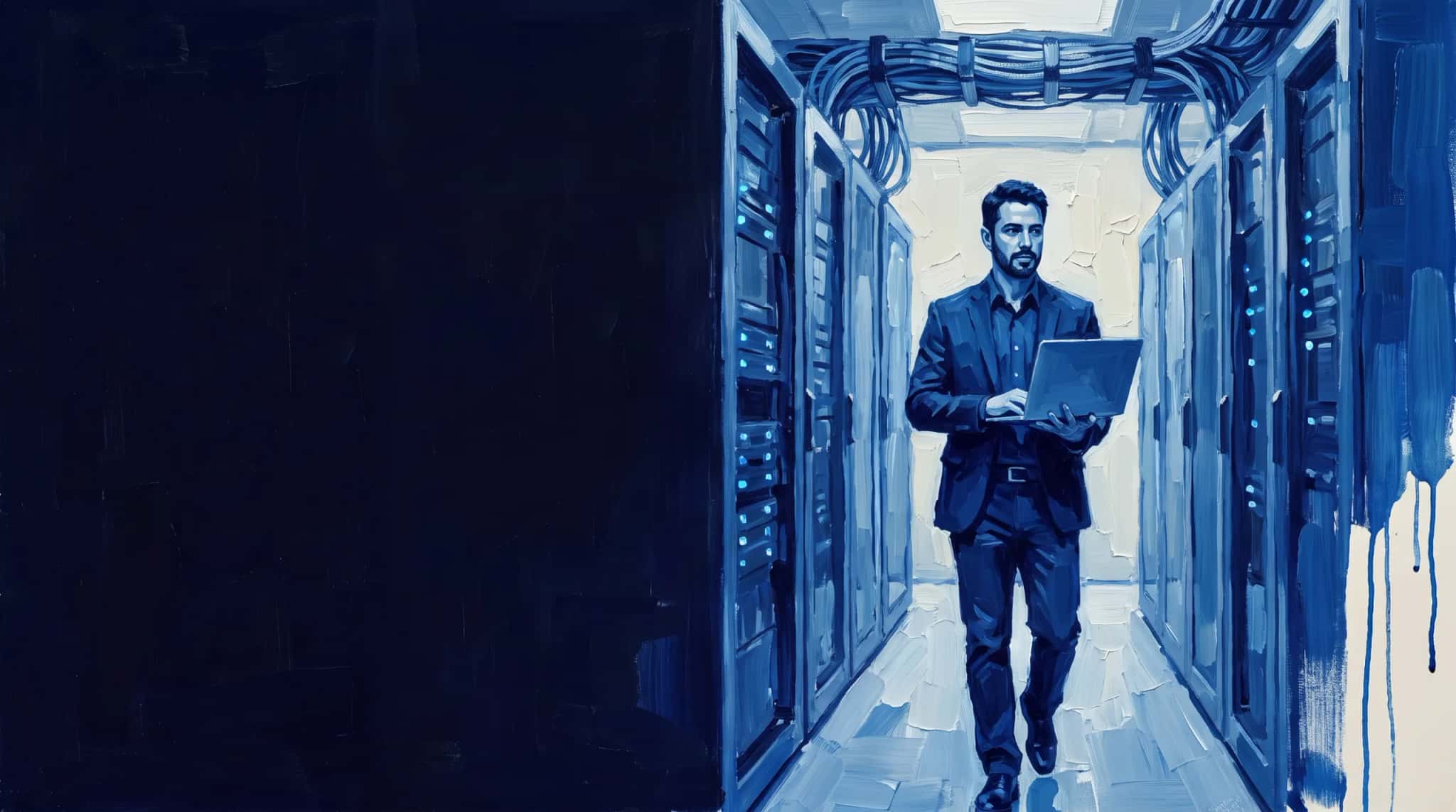 Oil painting in blue: an integration engineer walks down a data center aisle holding an open laptop