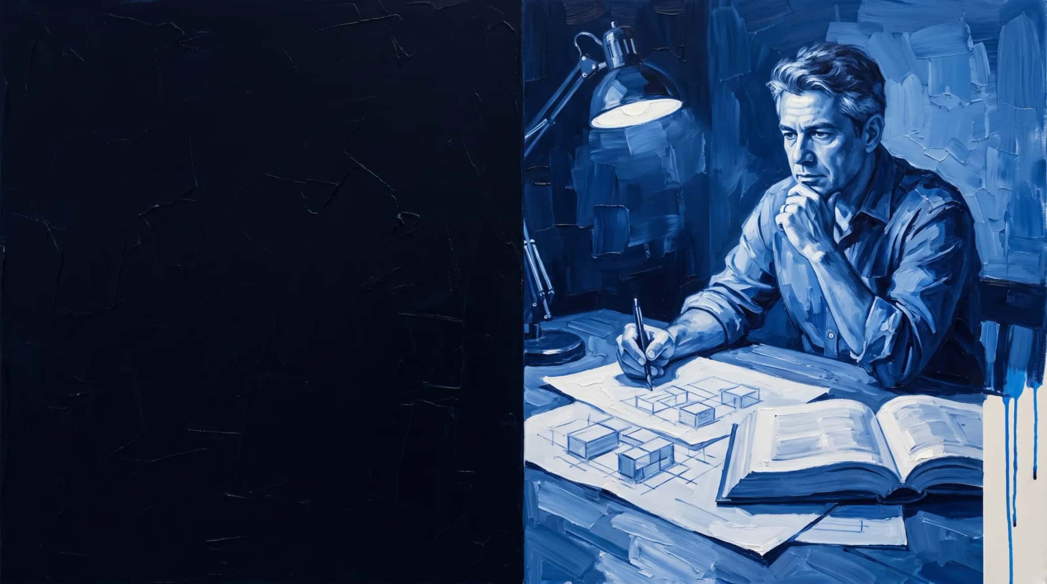 Oil painting in blue: a strategist with an open book and sketches of connected blocks, under the light of a desk lamp