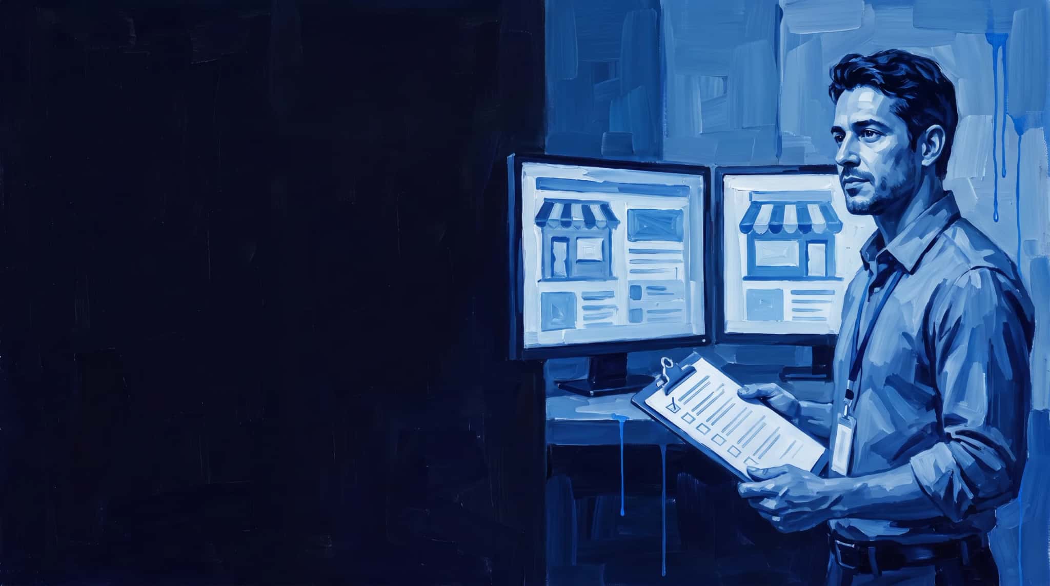 Blue oil painting: a migration lead holding a clipboard in front of two monitors, one showing the old storefront and the other the new one