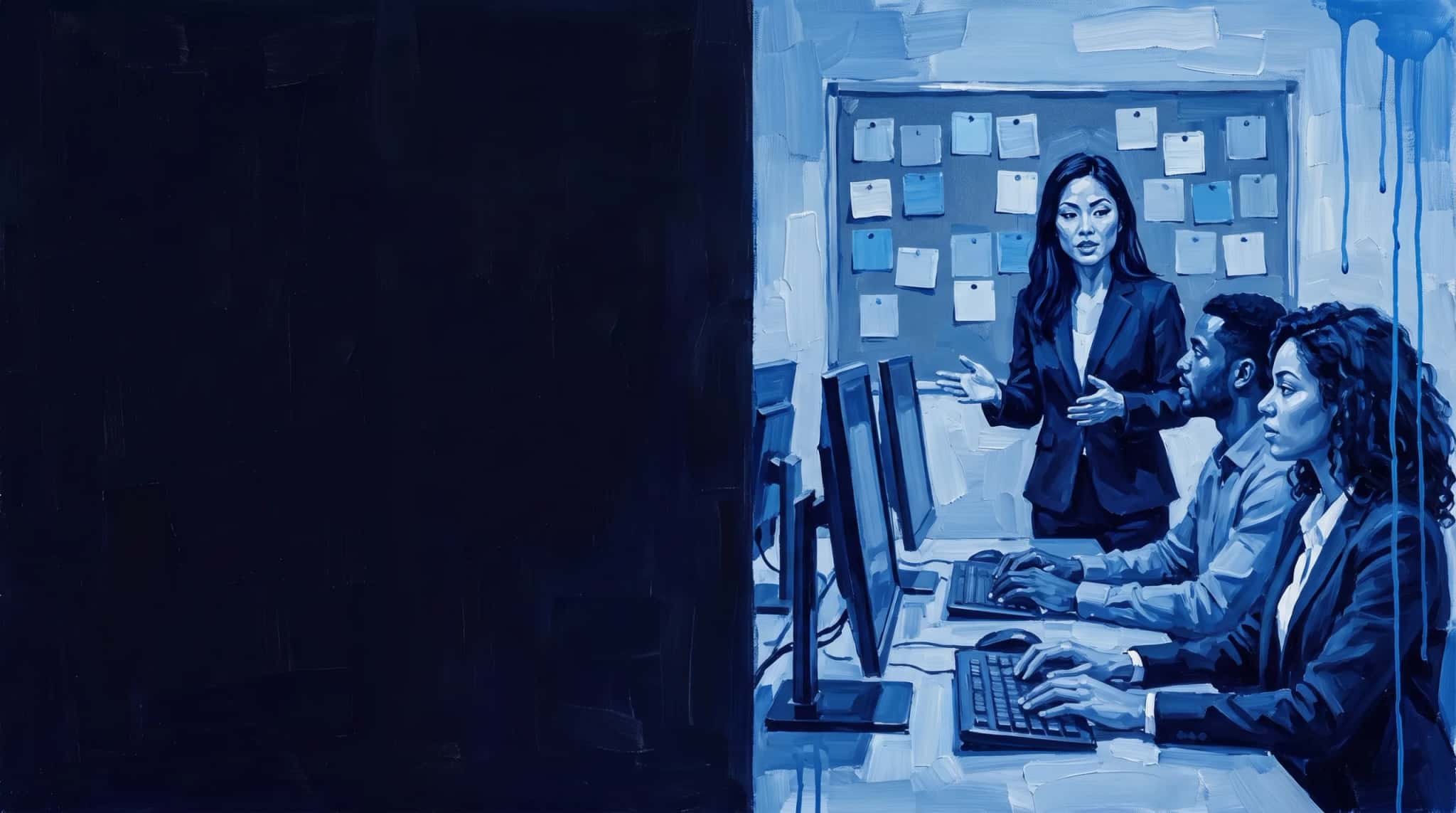 Oil painting in blue: a tech lead stands talking to the squad at their desks, in front of a board of blank sticky notes