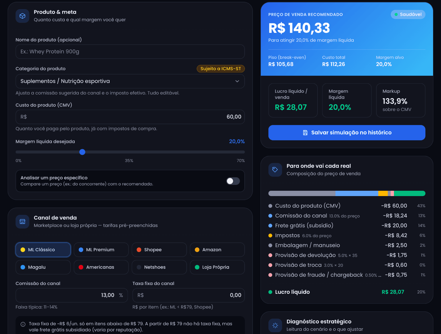 Tela completa do Precifica