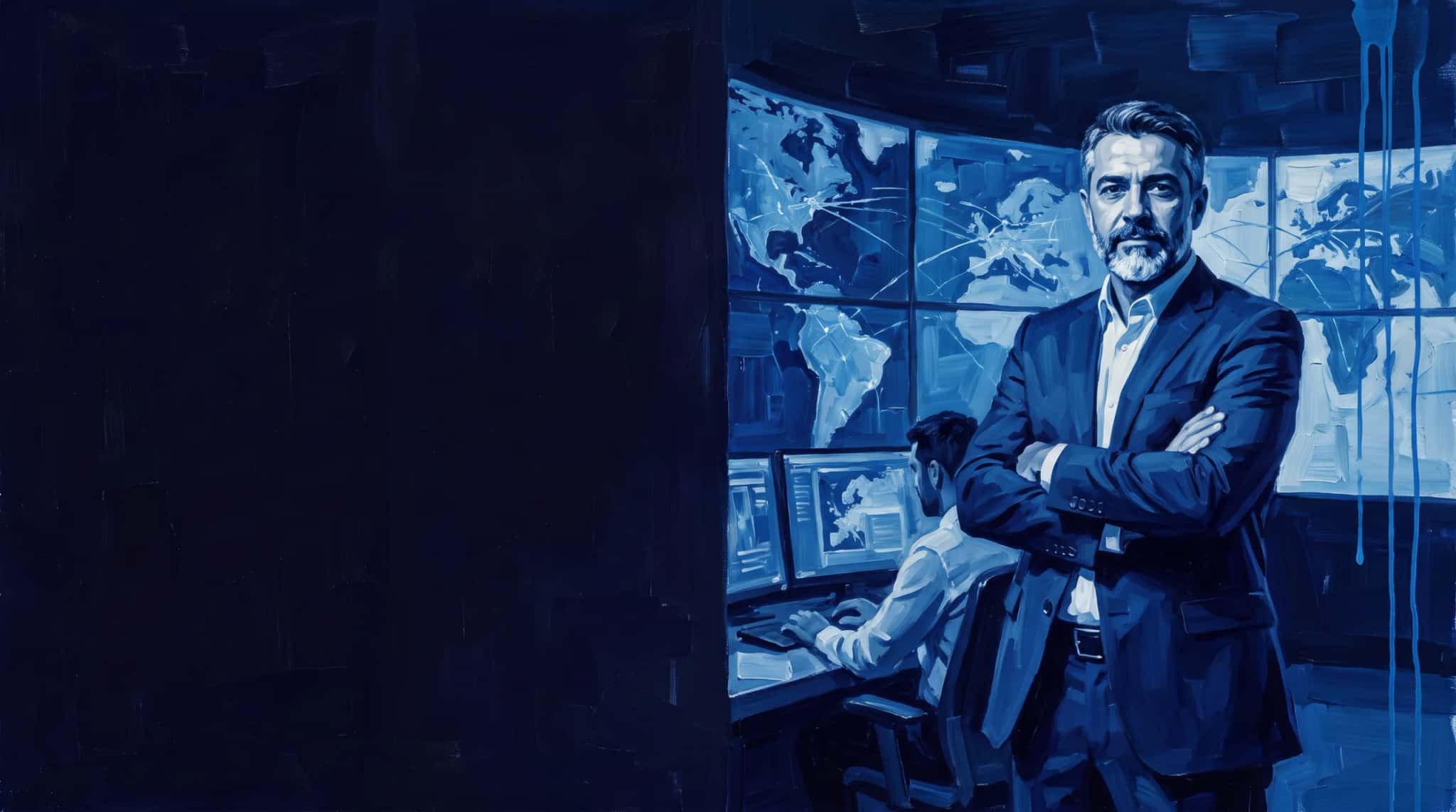 Blue oil painting: an operations director stands with arms crossed in front of a wall of screens showing maps in an operations room