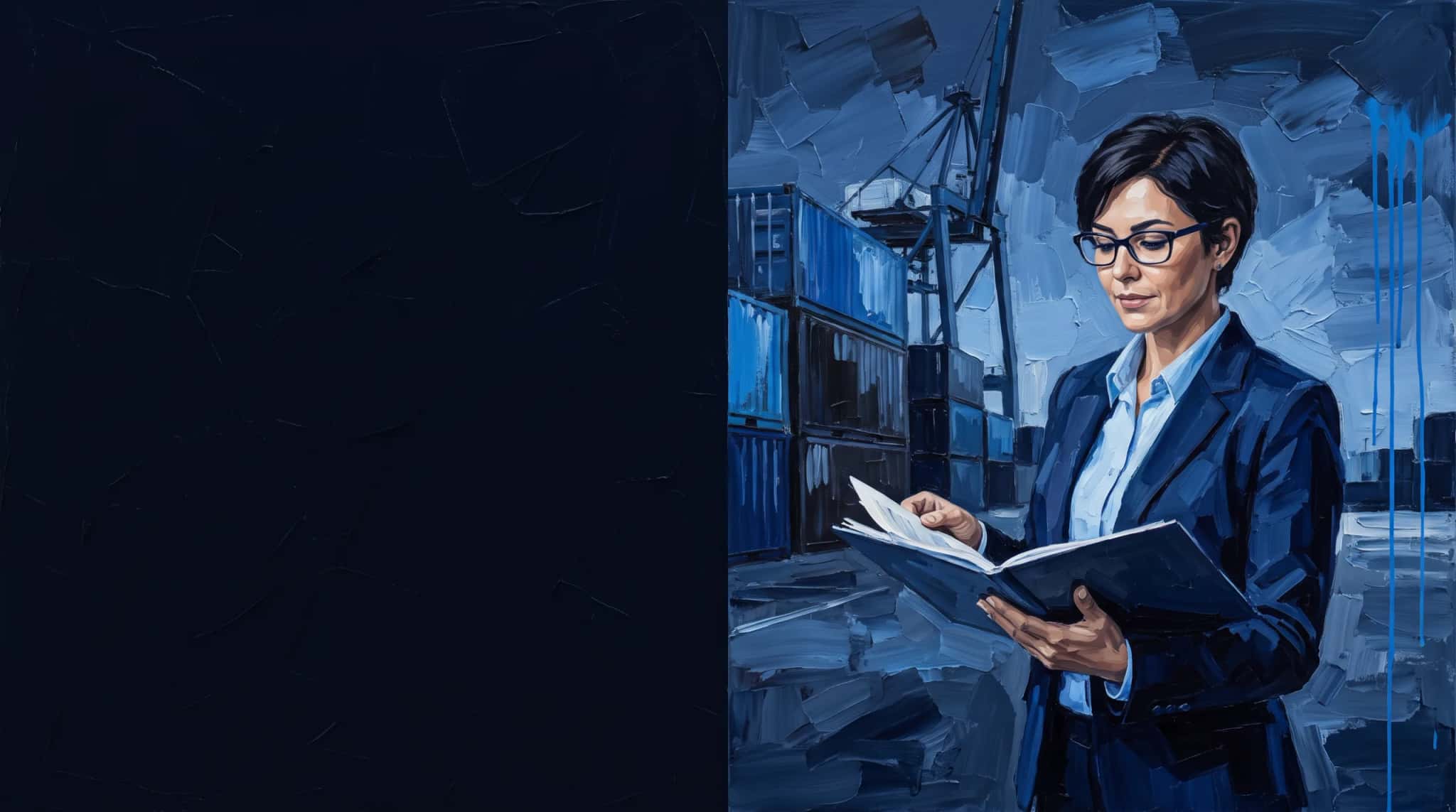 Blue oil painting: a customs broker reviews documents on the quay of a container port