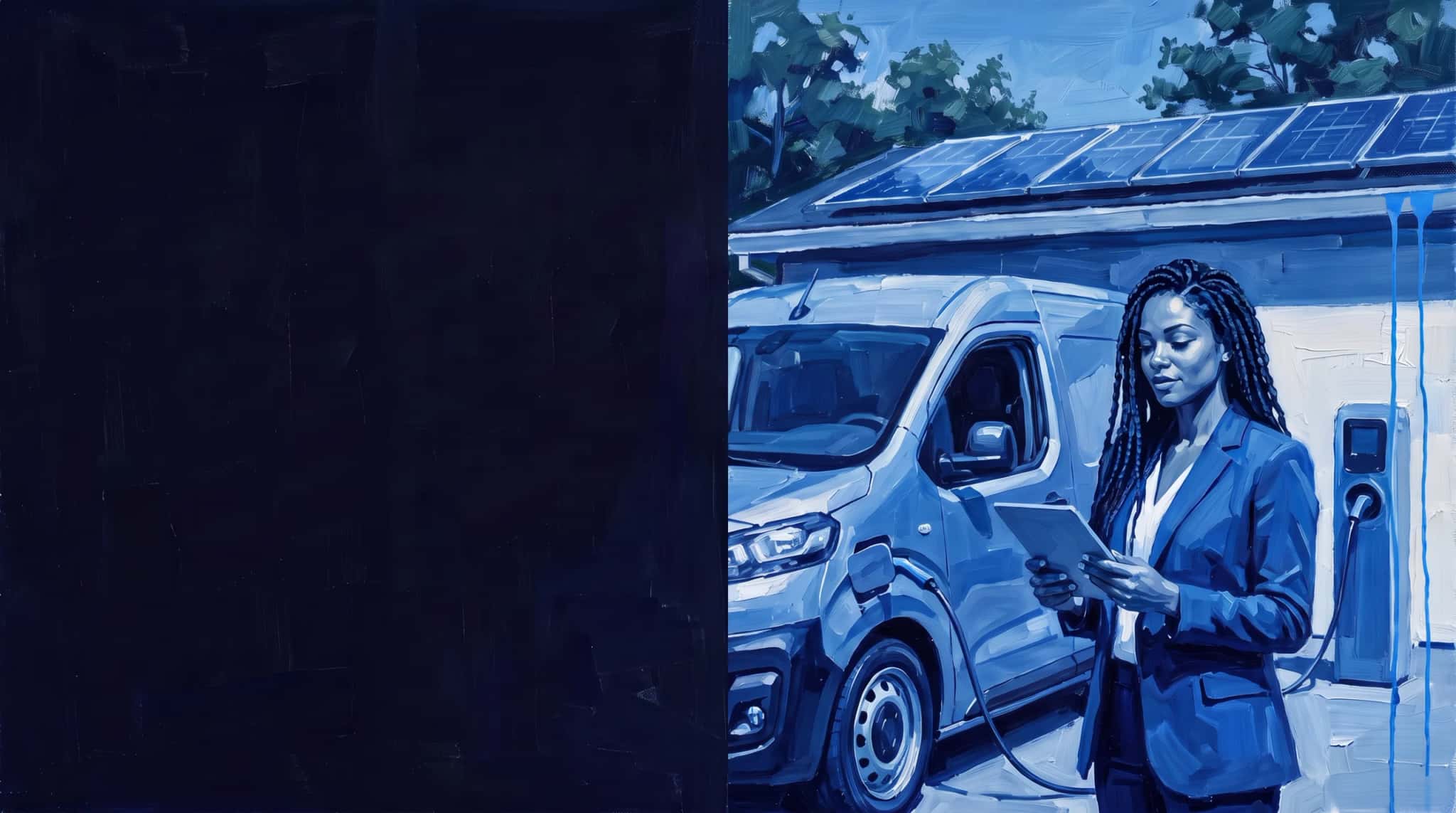 Blue oil painting: a sustainability analyst with a tablet next to an electric van charging at a distribution center with solar panels