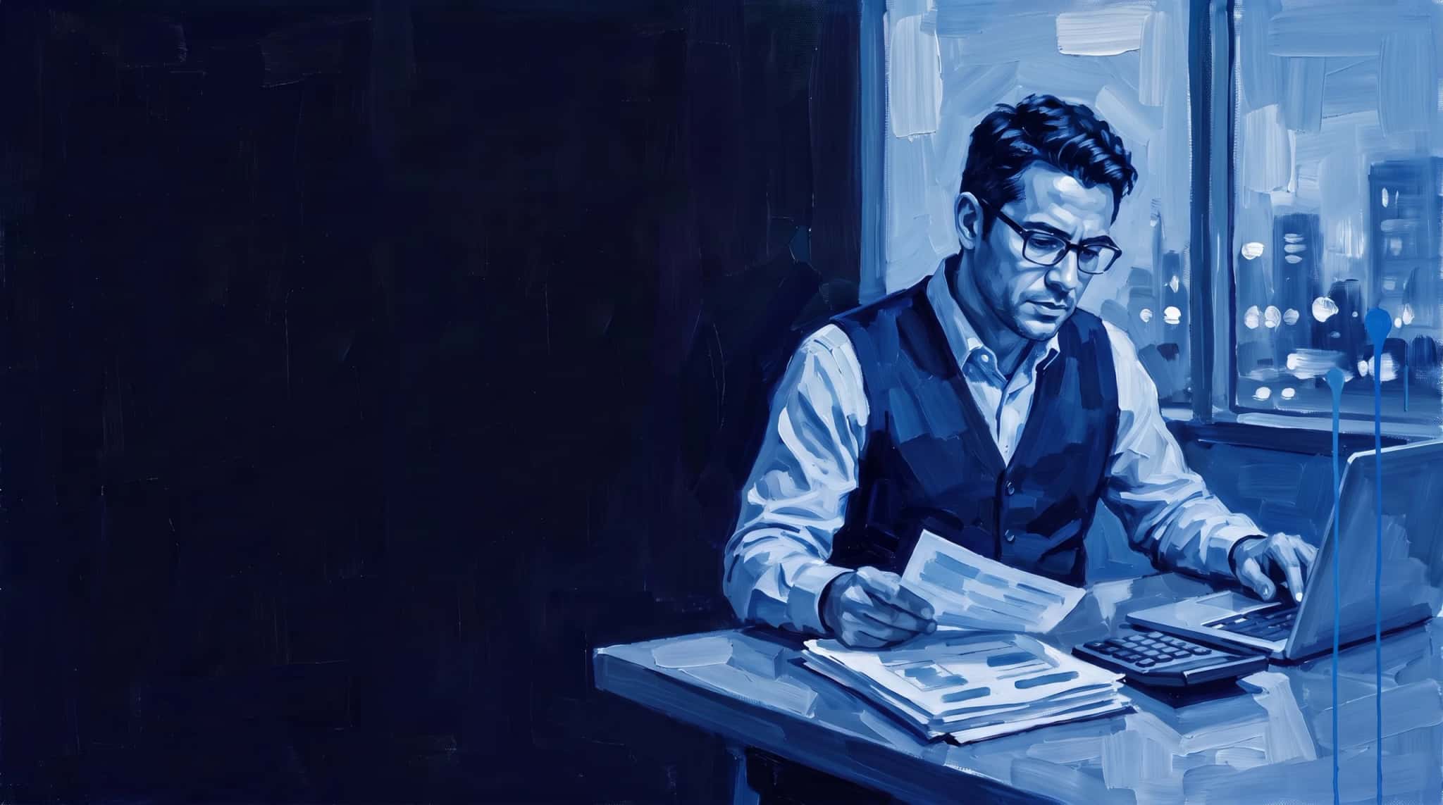 Blue oil painting: a logistics financial controller reviews freight invoices with a calculator and a laptop