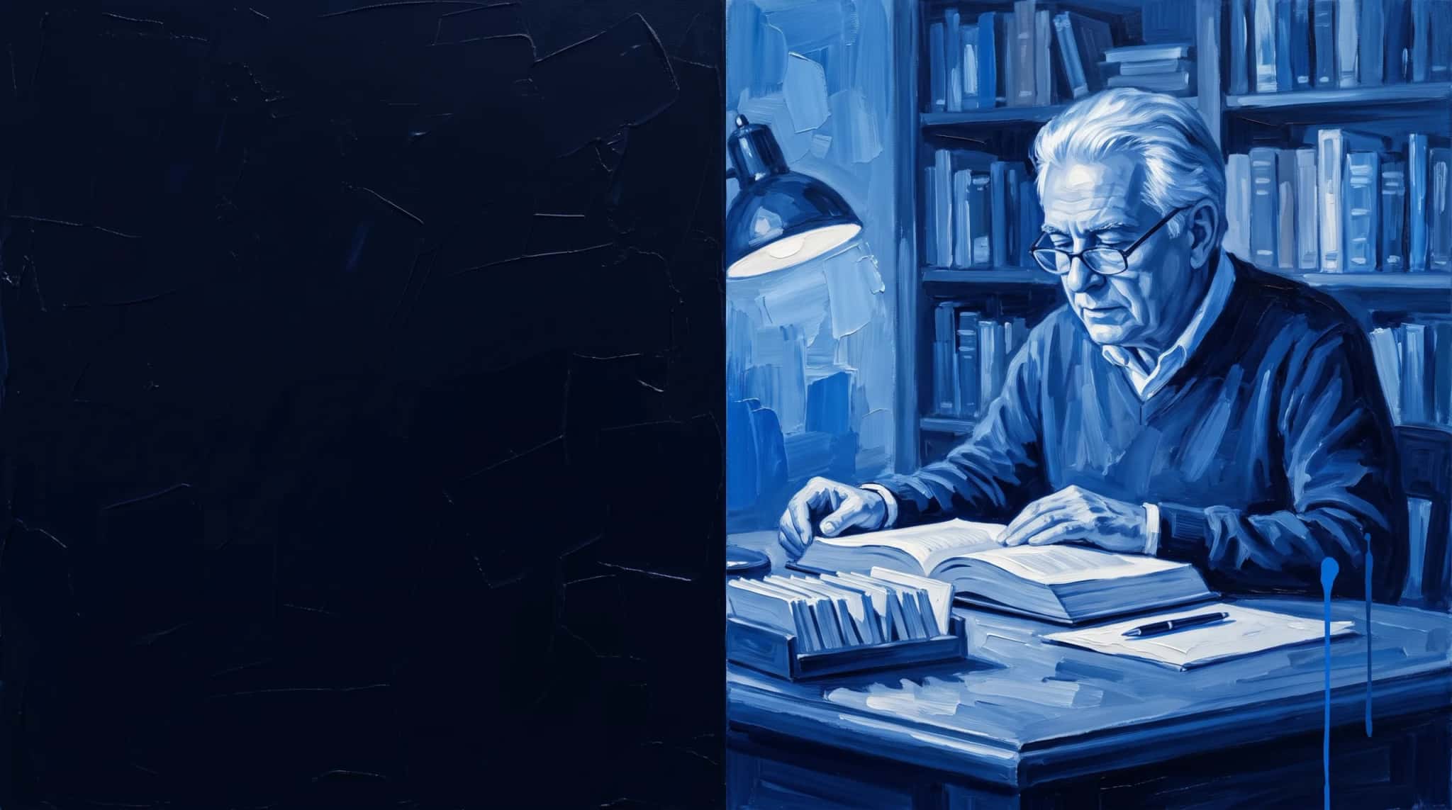 Blue oil painting: a senior consultant consults a large reference book with index cards under the light of a desk lamp