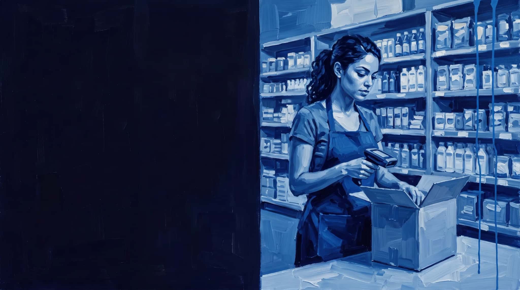 Blue oil painting: a store associate packs an online order with a barcode scanner at the back counter