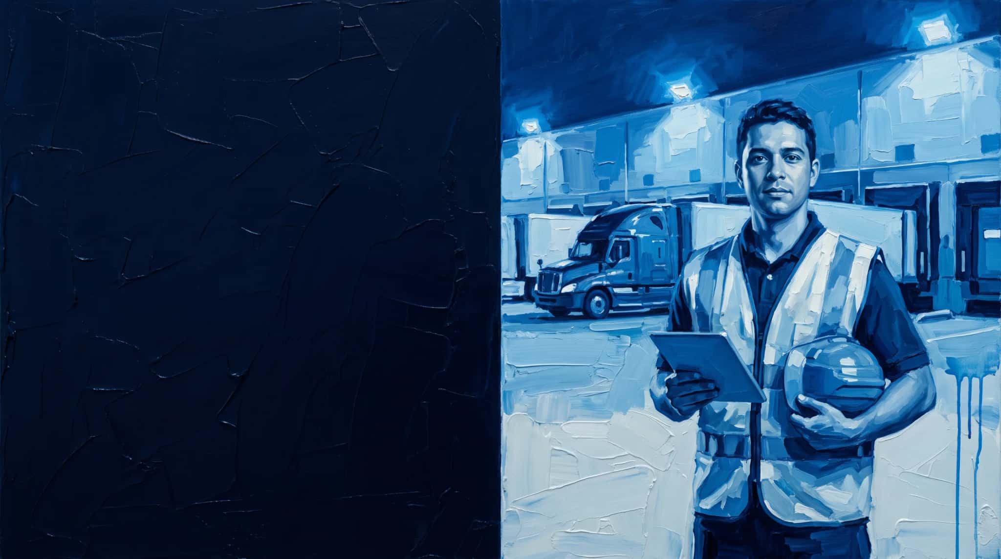 Oil painting in blue: a yard coordinator in a high-visibility vest holds a tablet at the gate, with trailers backed up to the docks