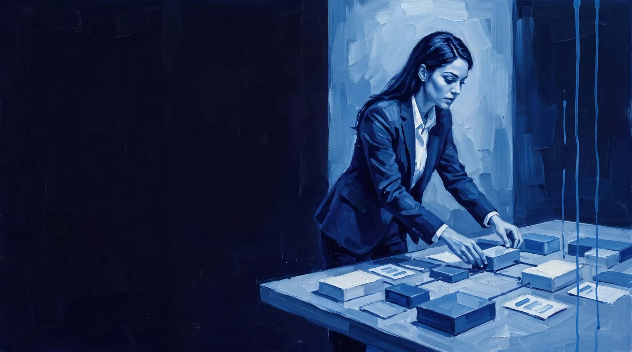 Oil painting in blue: a solutions architect arranges modular blocks on a table
