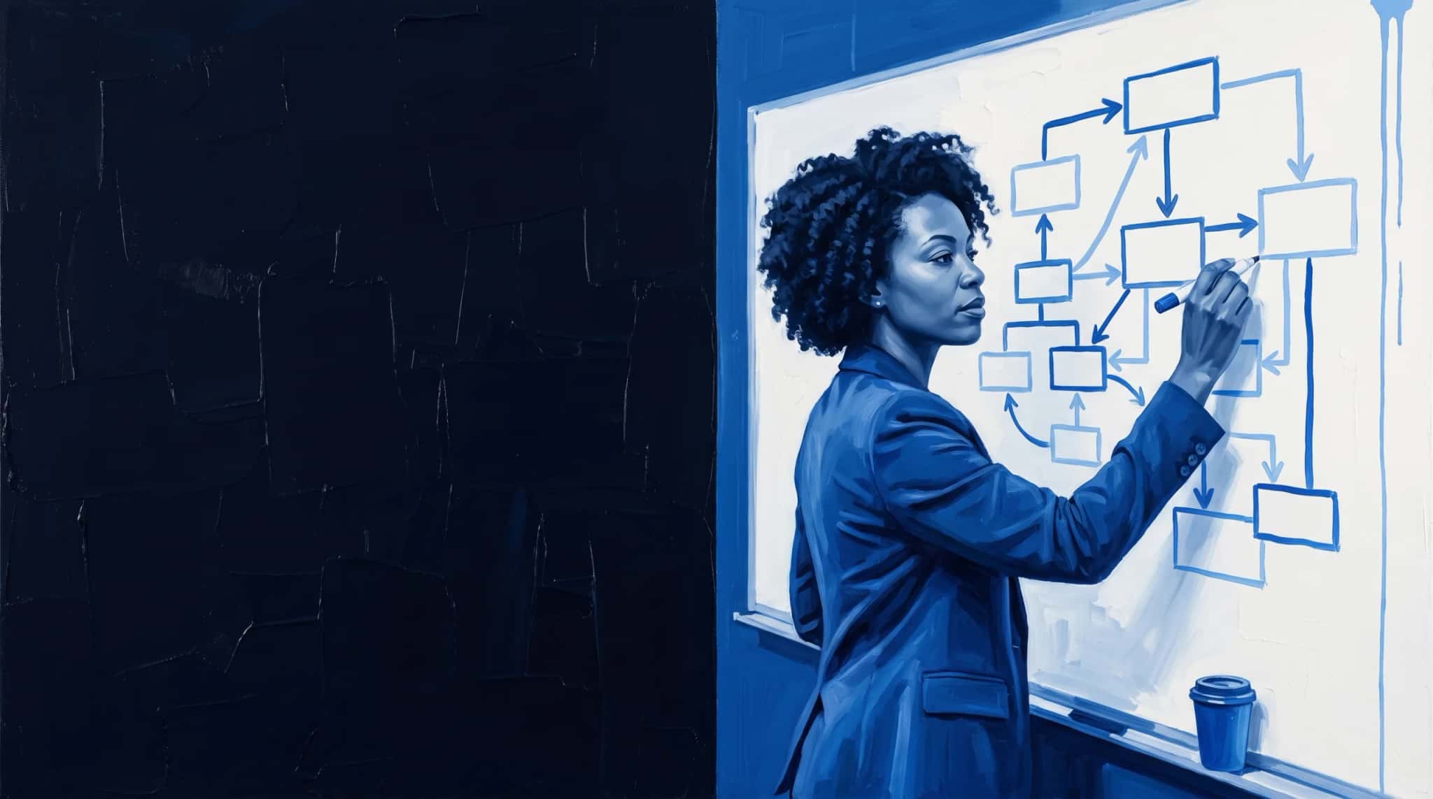 Oil painting in blue: an integration architect draws boxes and arrows on a whiteboard