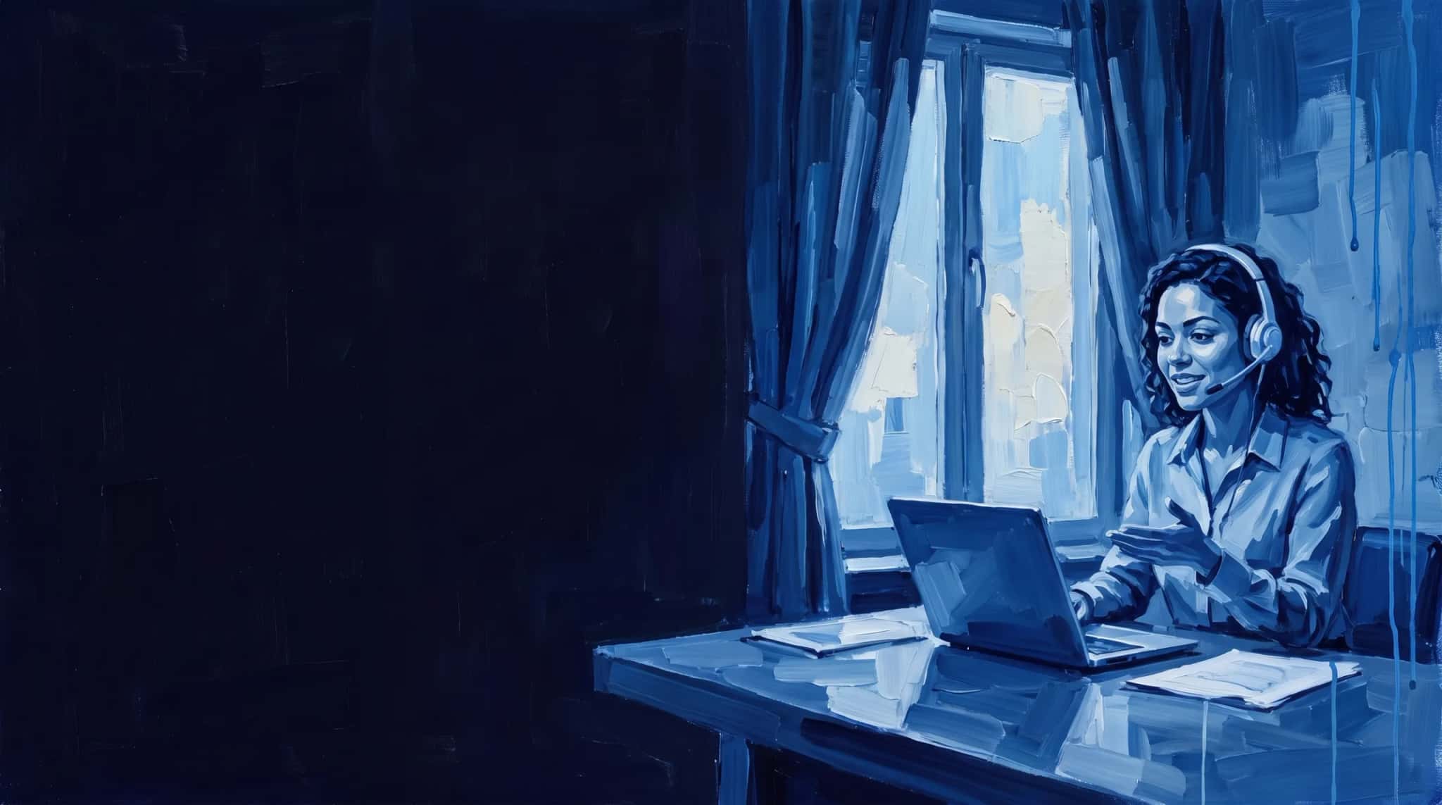 Blue oil painting: an engineer wearing a headset on a video call in front of a laptop, by the window
