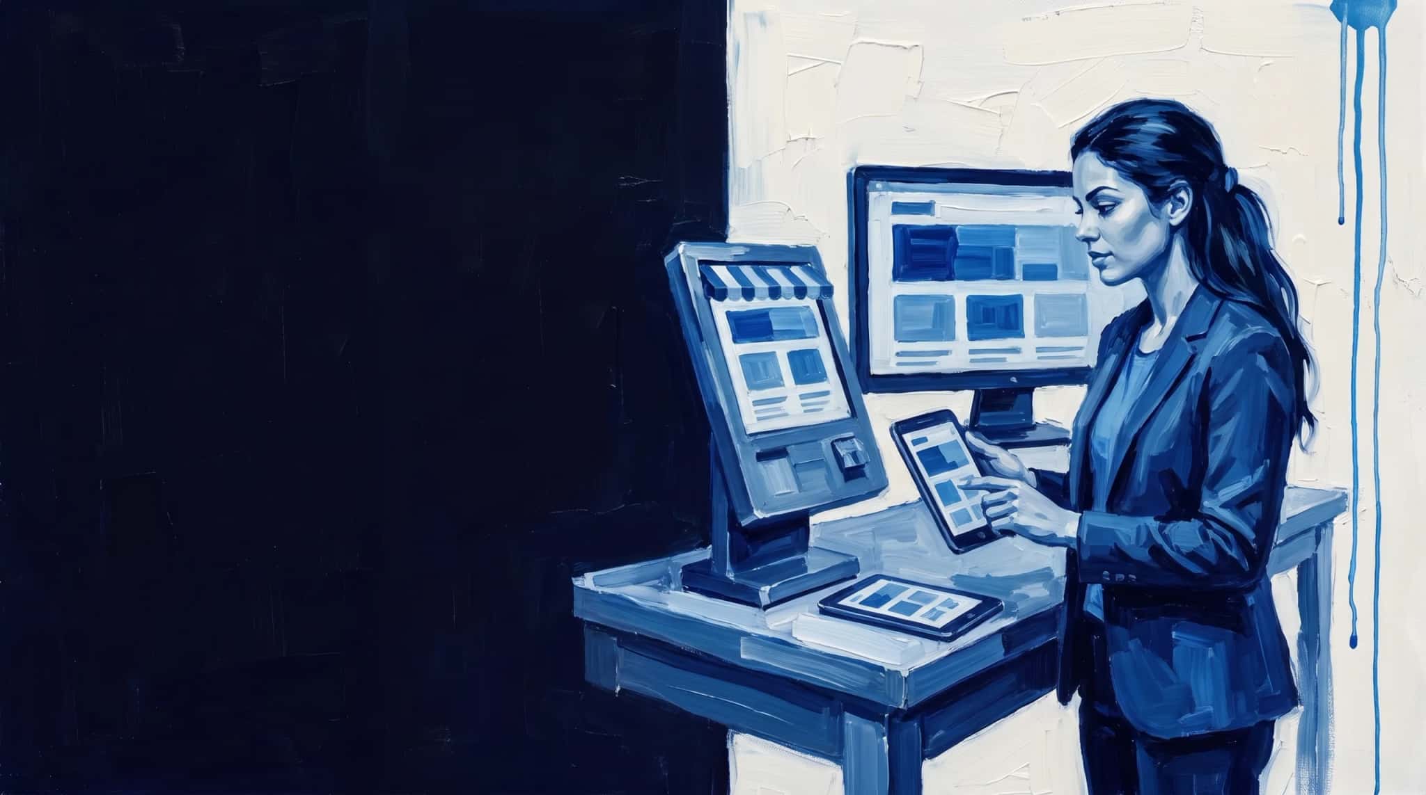 Oil painting in blue: a front-end engineer compares the same storefront on a phone, a tablet, a kiosk and a monitor