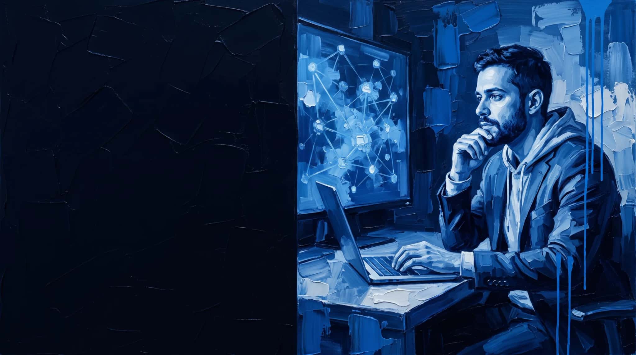 Oil painting in blue: a pensive data scientist in front of a monitor showing a network of nodes, with one hand on the laptop