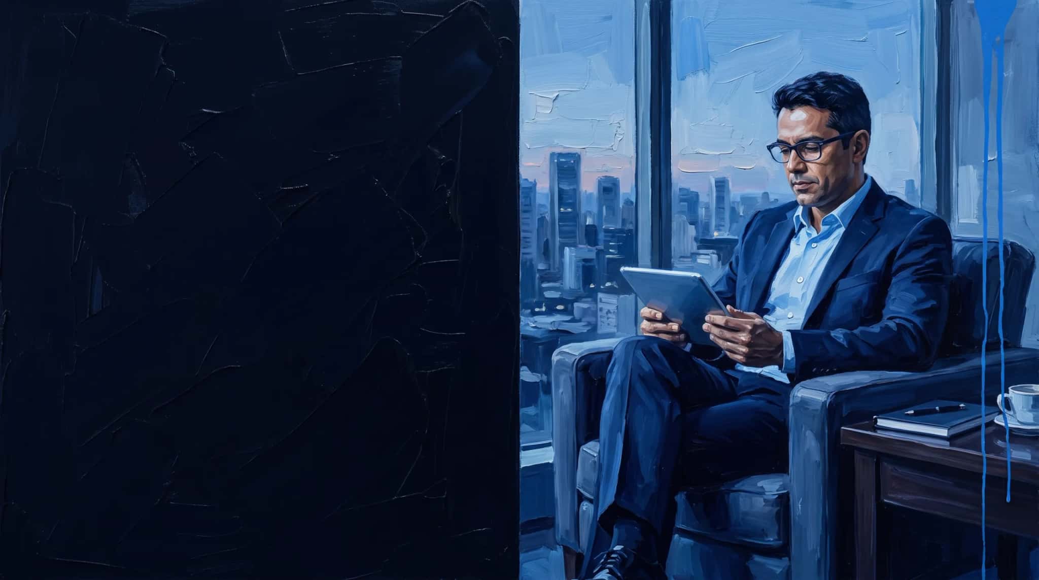 Blue oil painting: an executive in glasses reads a report on a tablet, seated by an office window overlooking the city