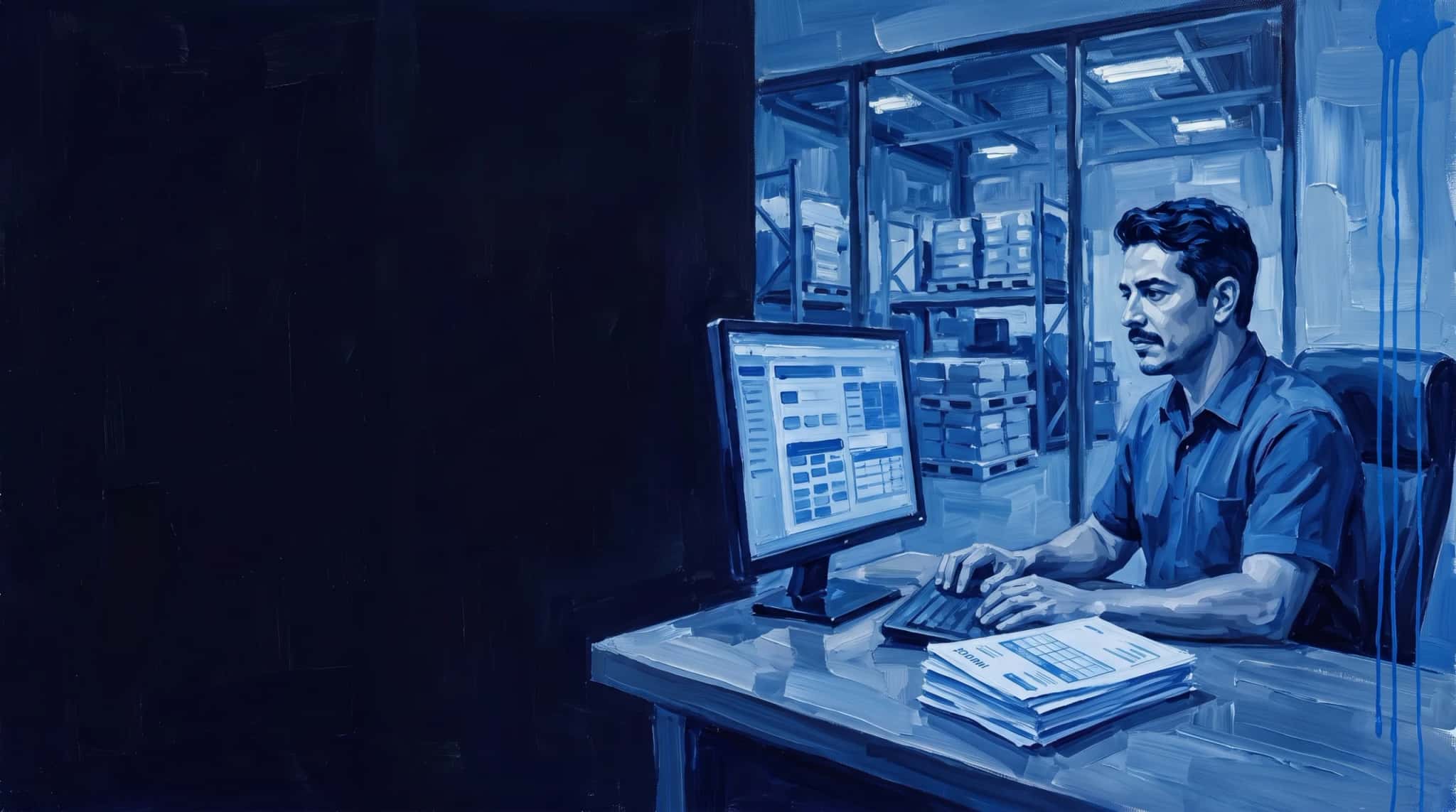 Blue oil painting: a mustached ERP analyst in a distributor's office, with printed invoices on the desk and the warehouse visible behind the glass