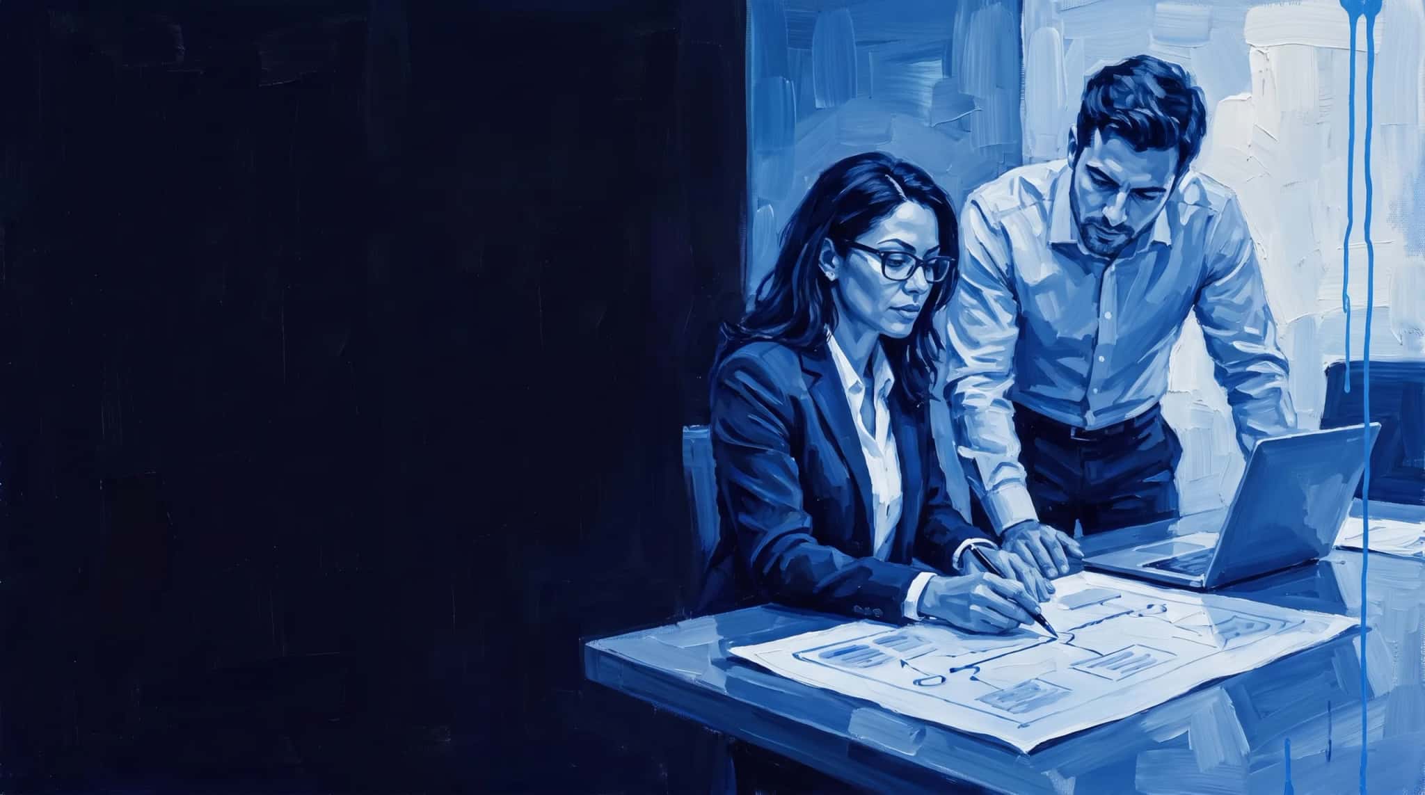 Oil painting in blue: an ERP architect and an e-commerce manager review a printed systems map on the table