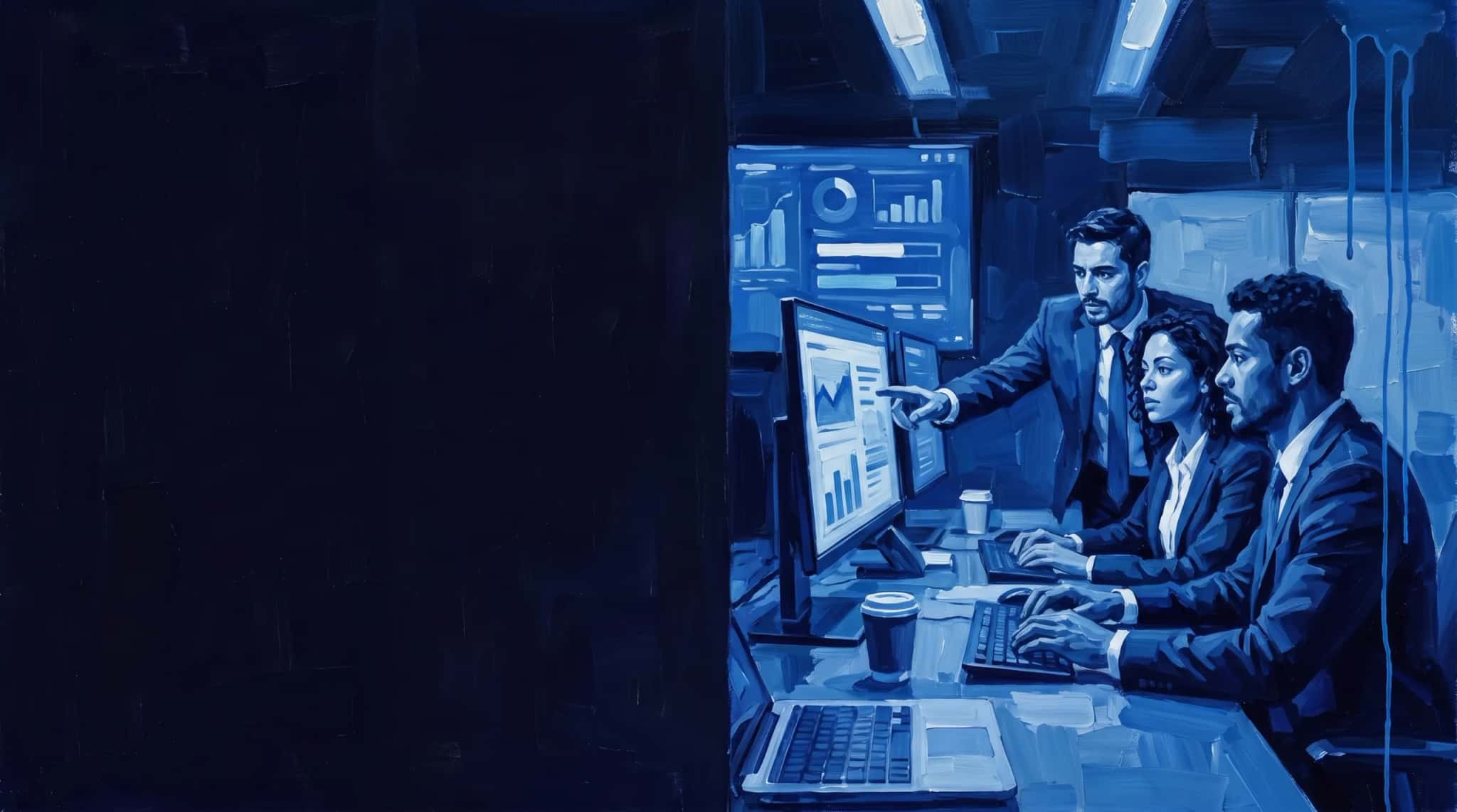 Blue oil painting: a team in a late-night war room follows screens showing the progress of a platform migration