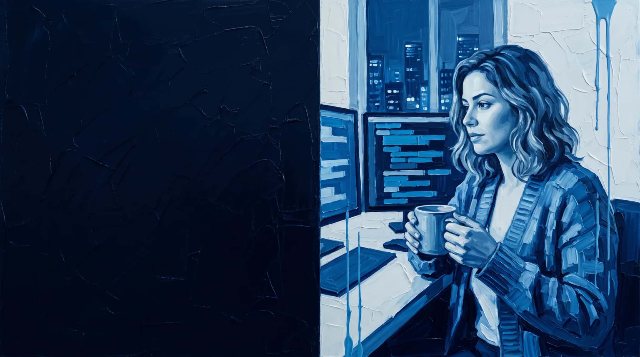 Blue oil painting: a front-end tech lead holding a mug reviews code on two monitors, at night