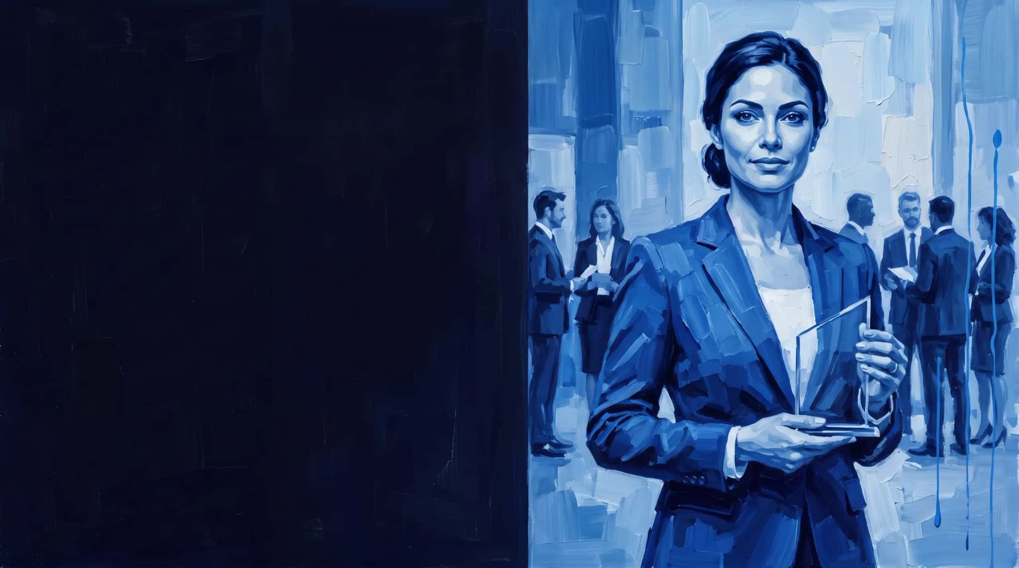 Oil painting in blue: an executive holds a glass recognition plaque in the lobby of a corporate building