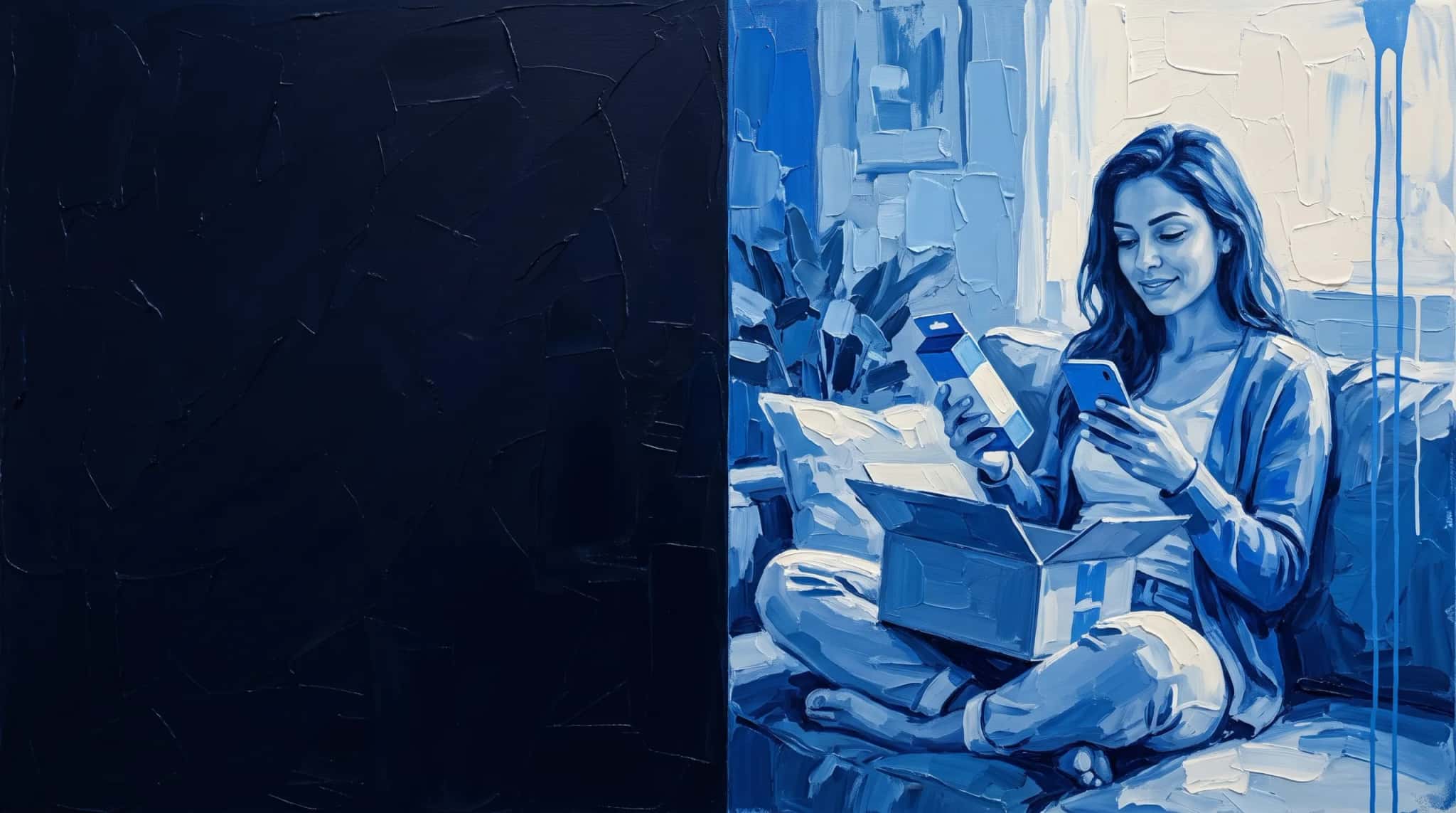 Oil painting in blue: a customer on the sofa, with the delivery box open, reviews the product on their phone