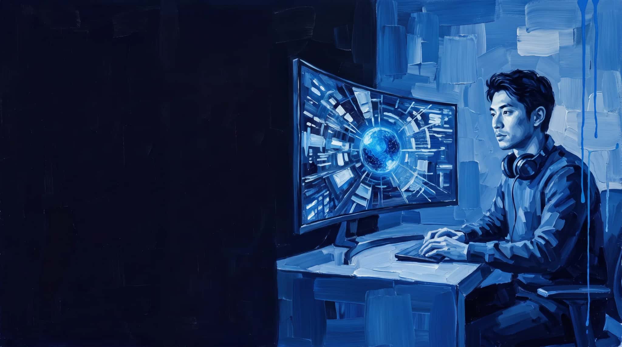 Oil painting in blue: a data engineer in front of a curved monitor where data streams converge into a sphere