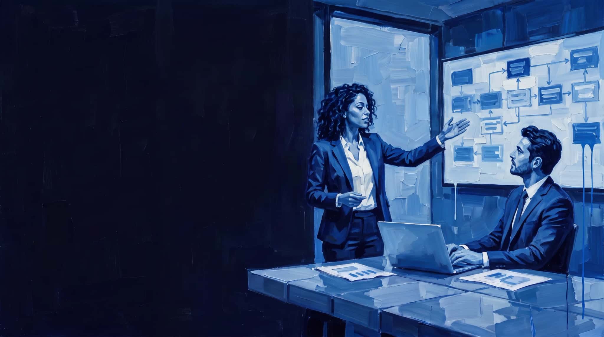 Oil painting in blue: a CRM architect points to a customer journey on the screen while a colleague follows along on a laptop