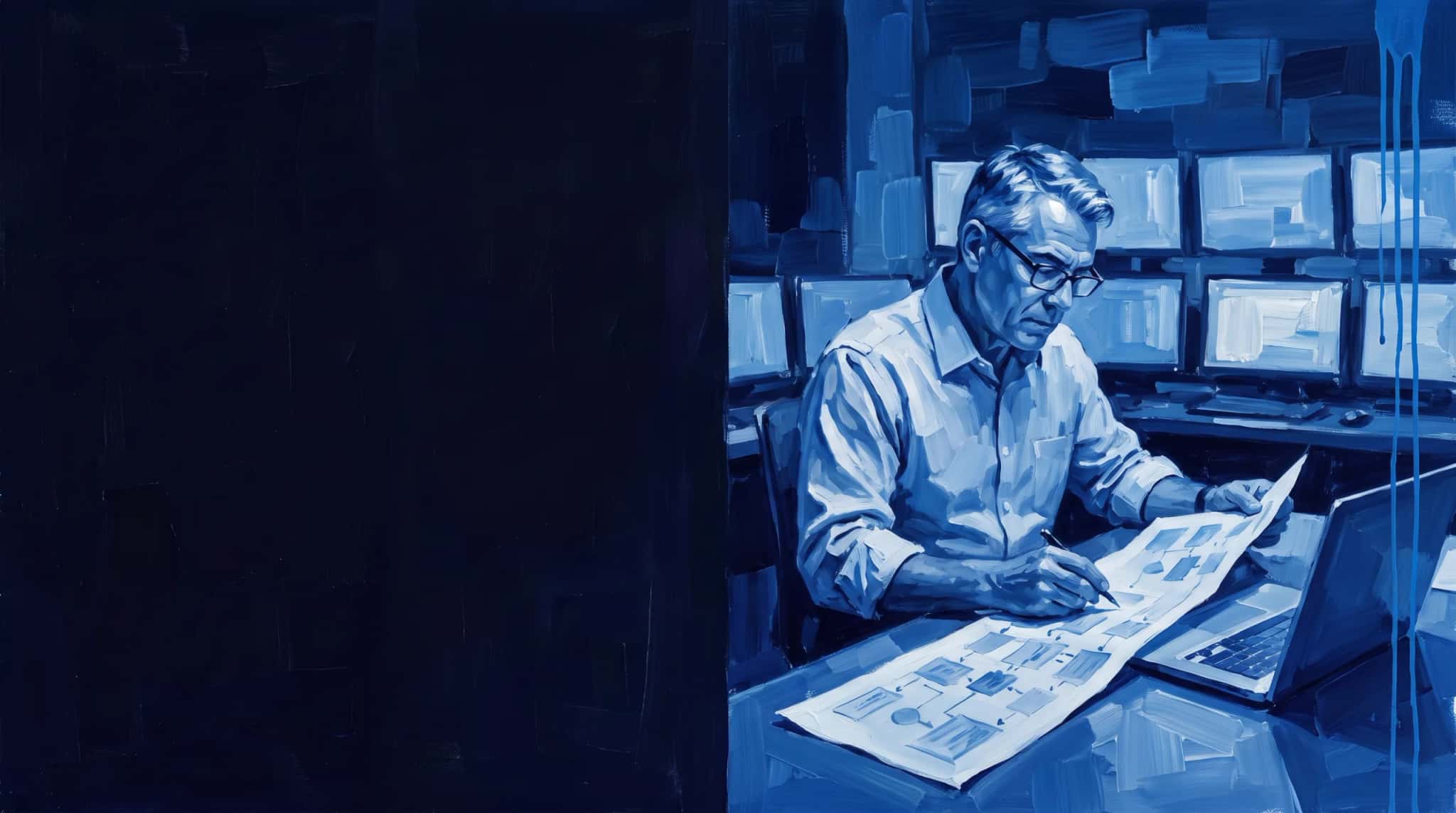 Oil painting in blue: a senior consultant in glasses studies a printed process map
