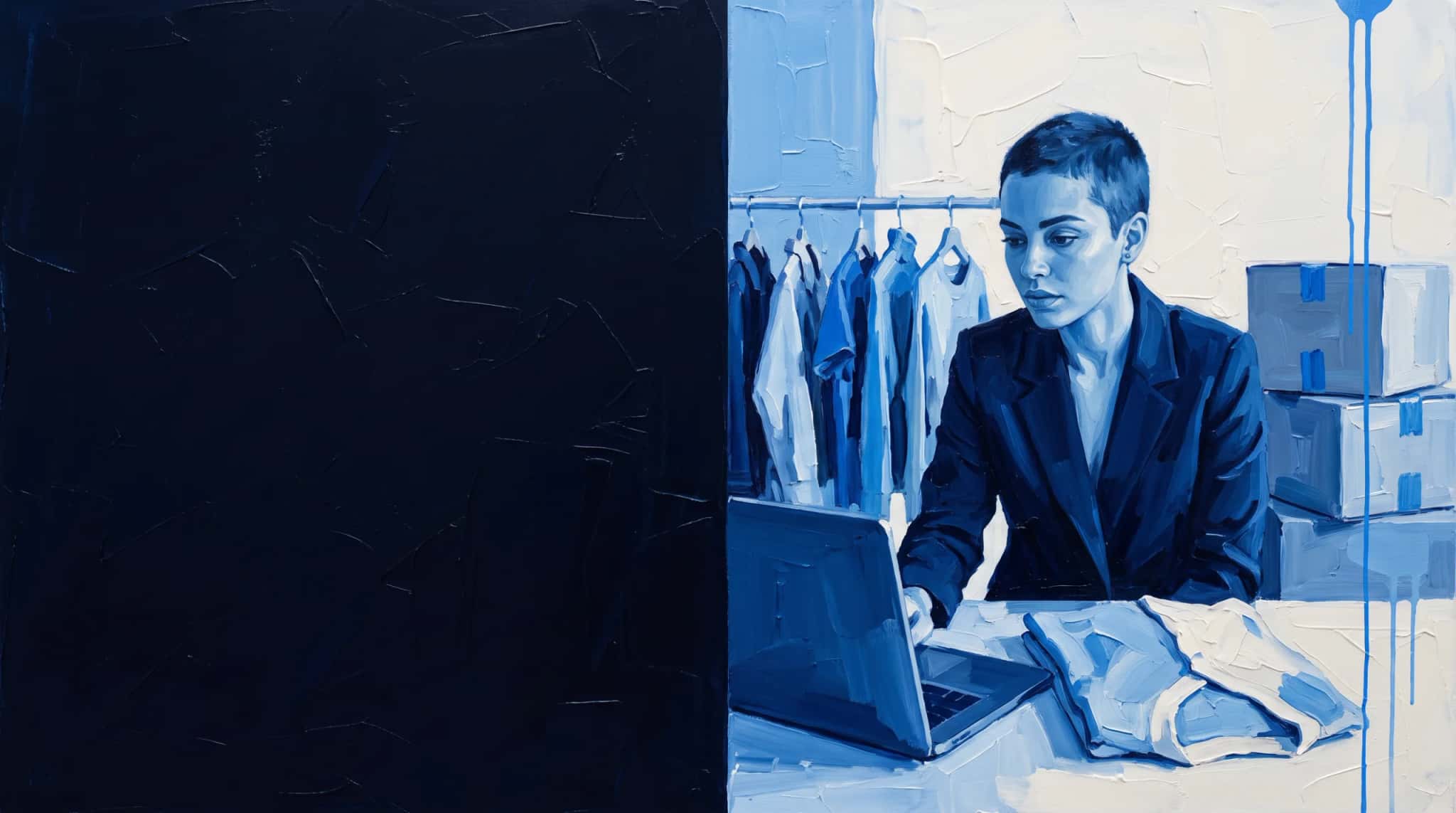 Oil painting in blue: the founder of a fashion brand checks orders on a laptop in a studio with a clothing rack and boxes