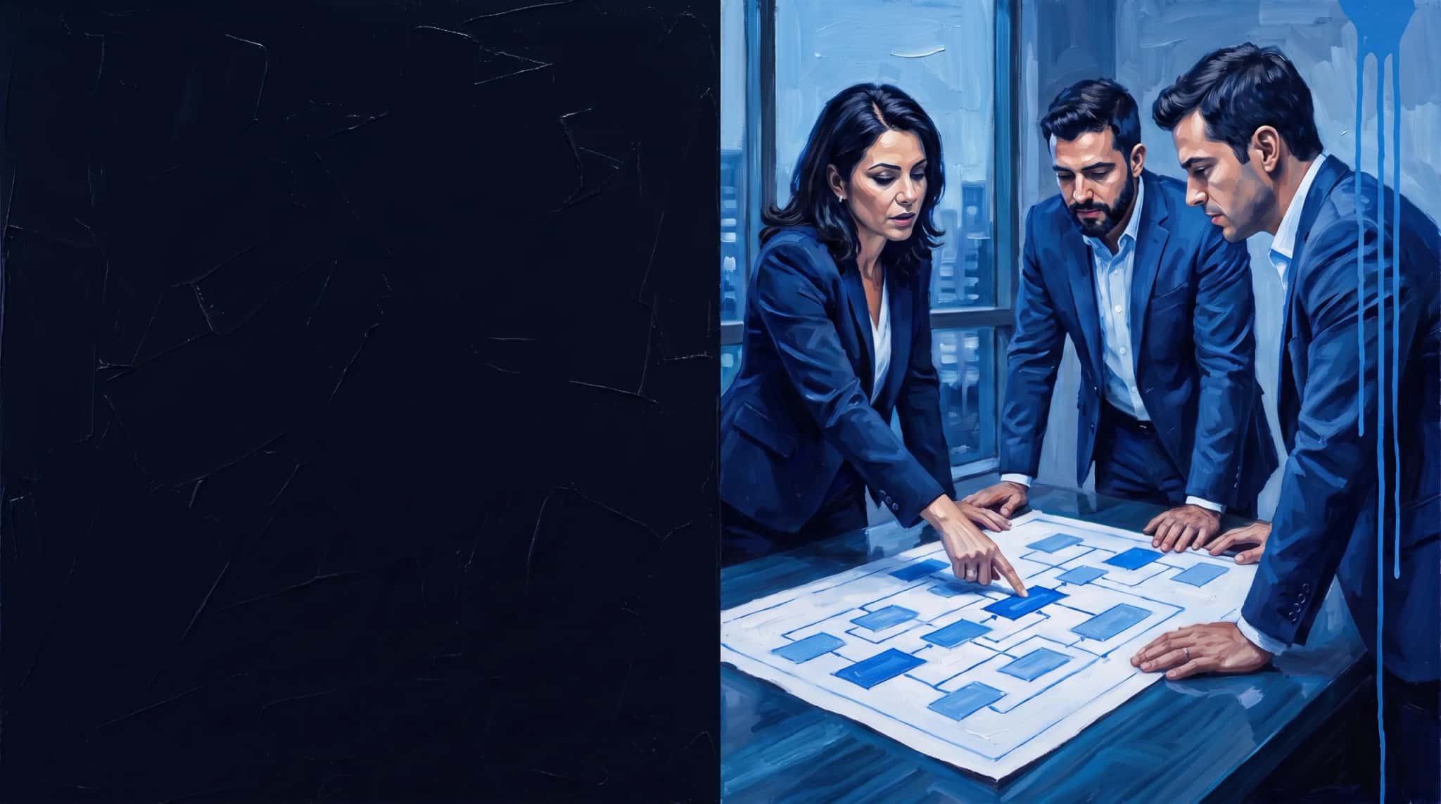 Oil painting in blue: three executives around a table study a printed architecture diagram