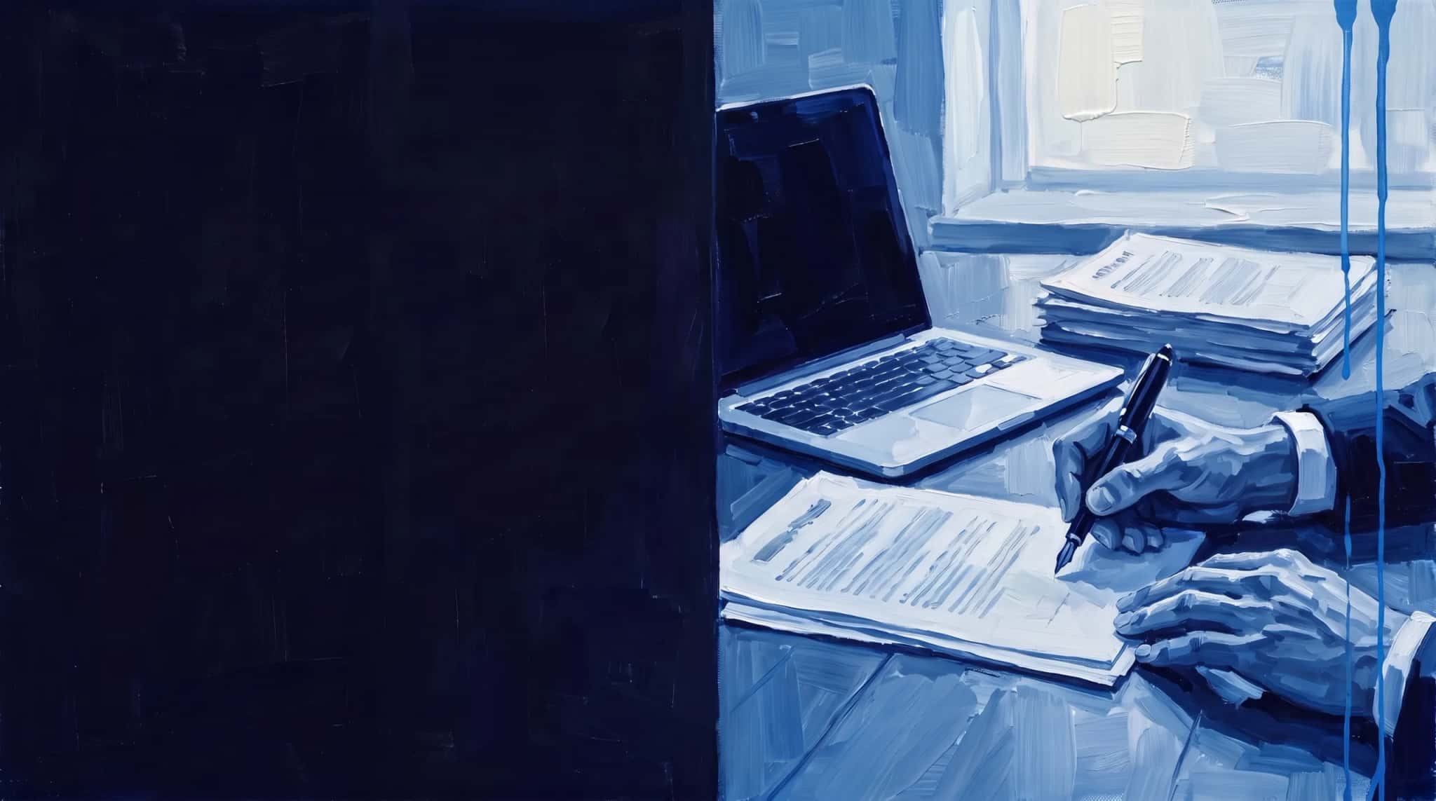 Blue oil painting: hands signing a contract next to a laptop