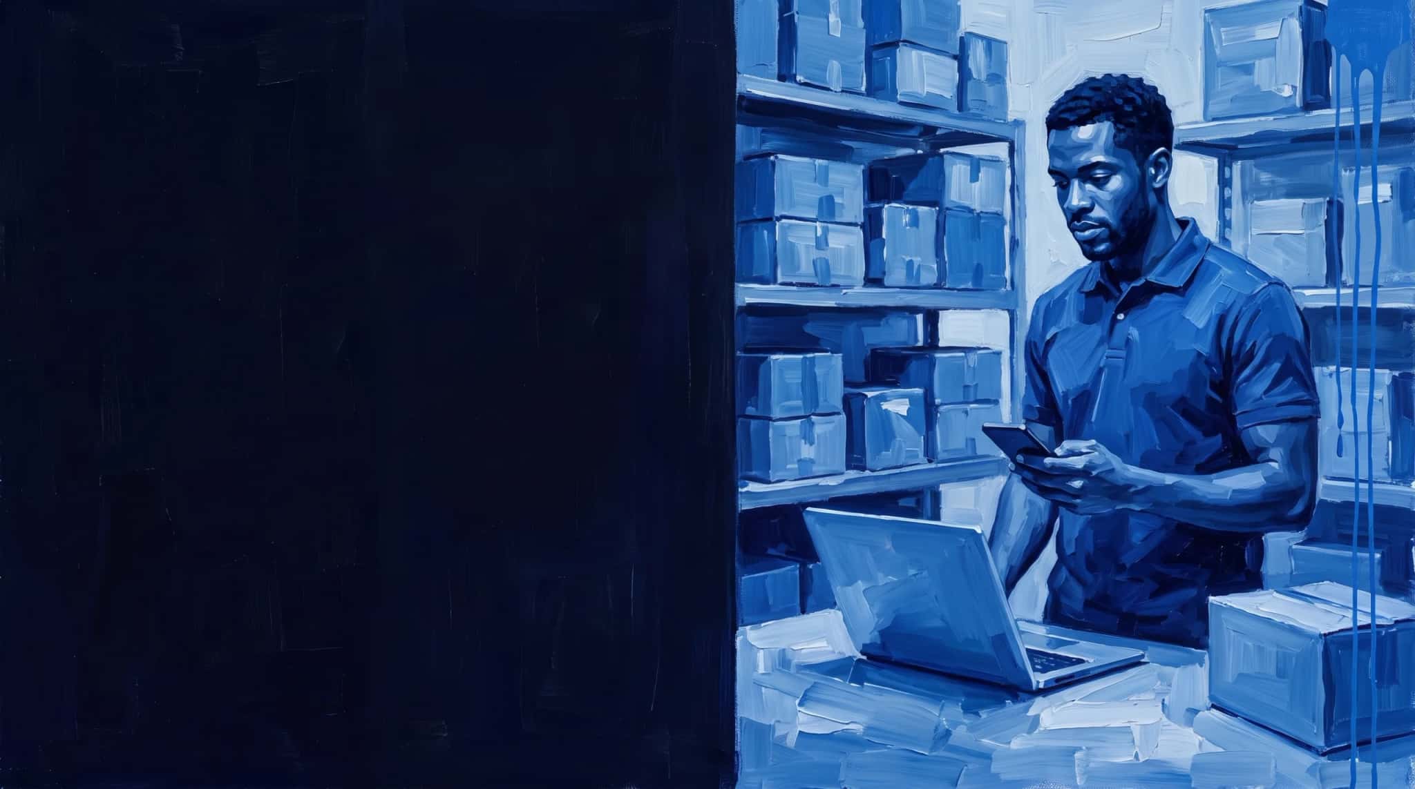 Oil painting in blue: an e-commerce manager in a store's stockroom, with a phone and a laptop