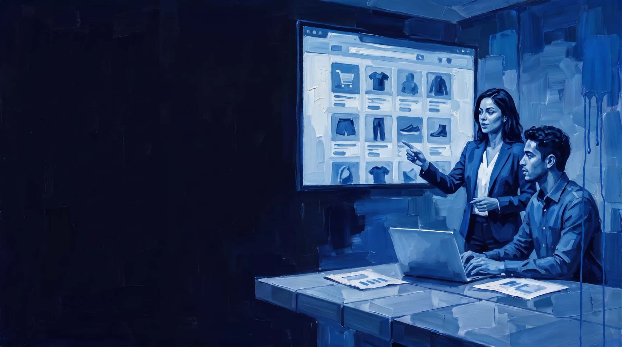 Oil painting in blue: an e-commerce manager and a developer review an online storefront on a large screen