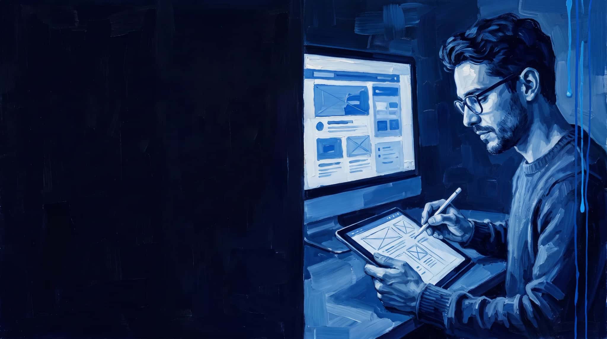 Oil painting in blue: a product designer sketches wireframes on a tablet next to a monitor showing the screen layout